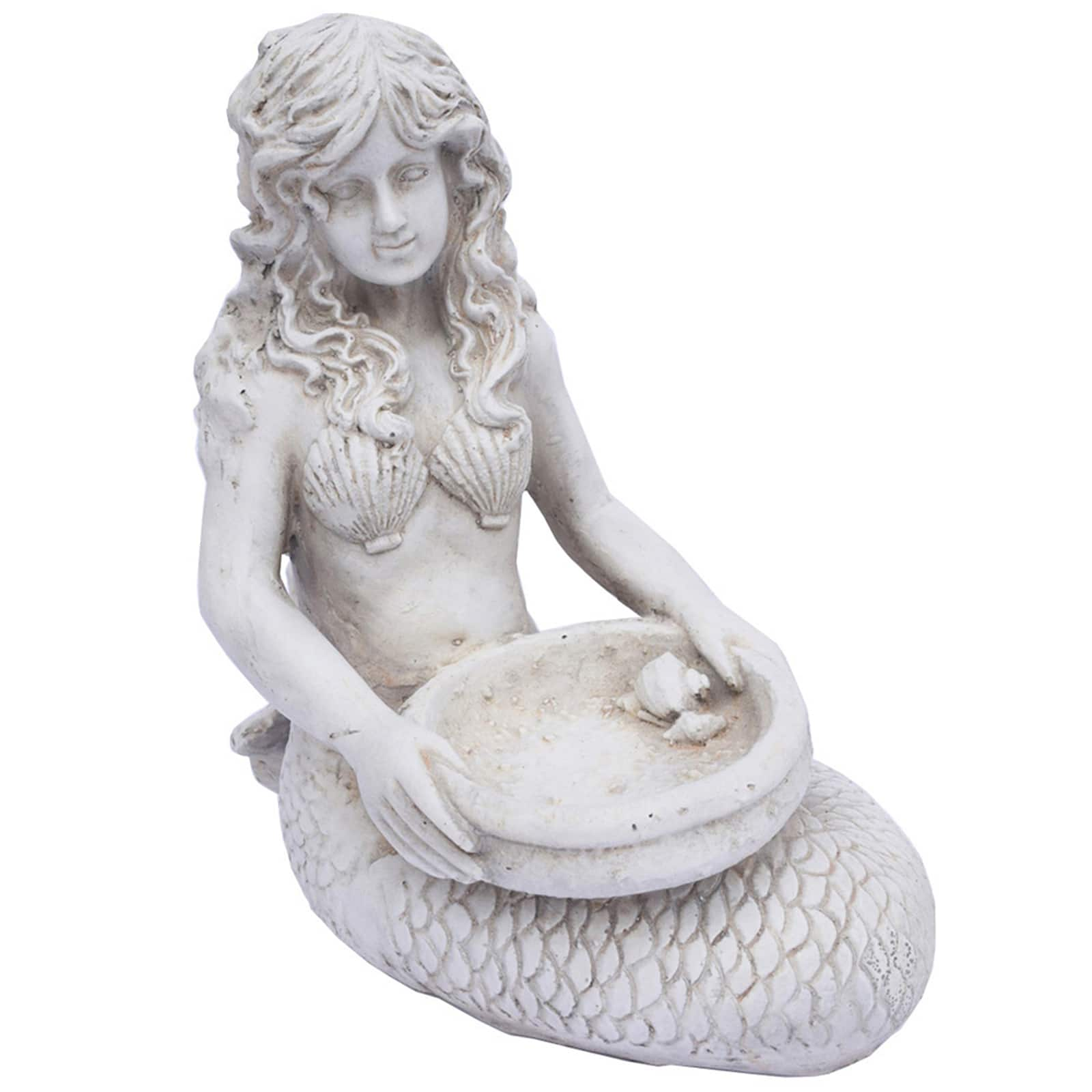 Santa&#x27;s Workshop 15.6&#x22; Antique White Cold Cast Mermaid Bird Bath