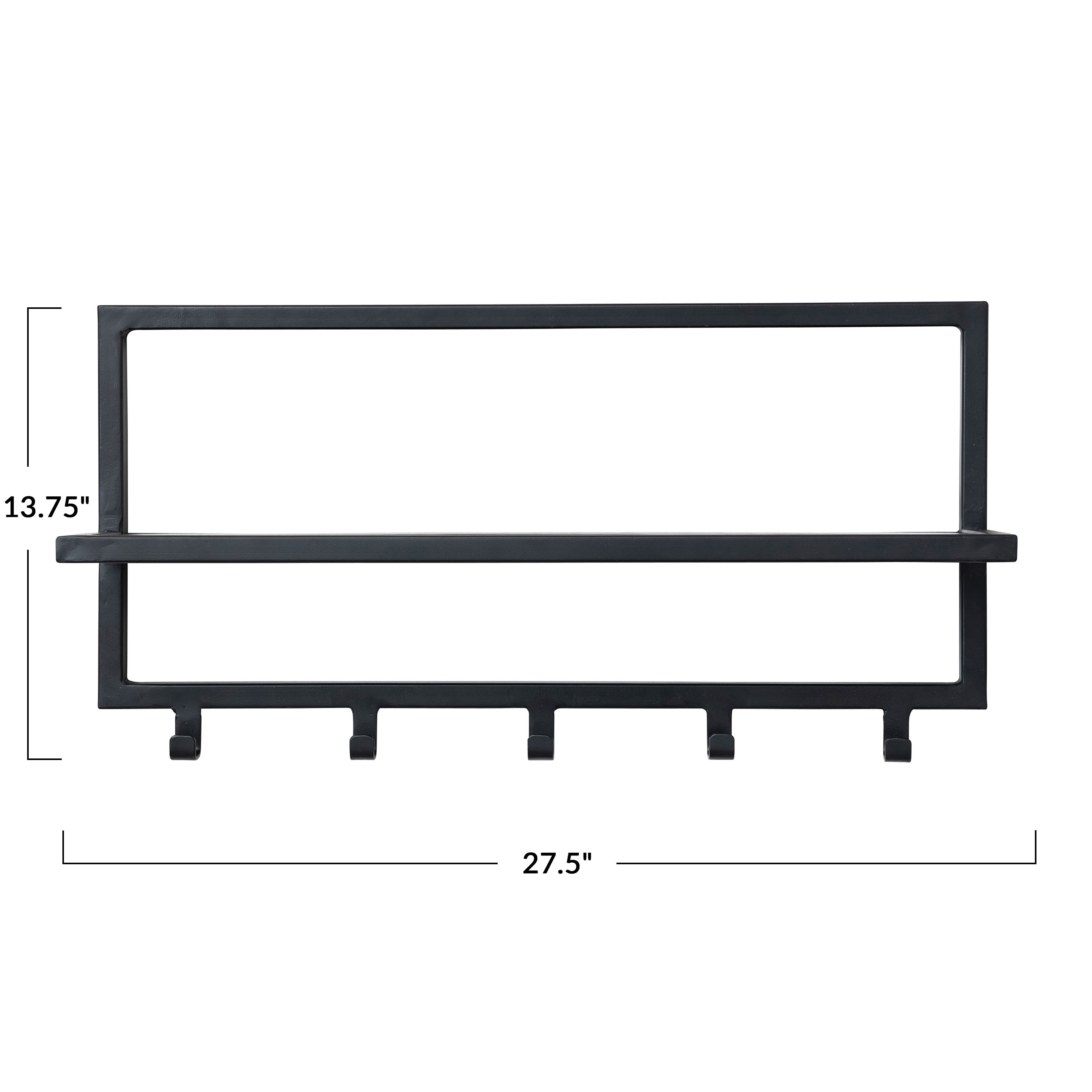 Black Metal &#x26; Wood Wall Shelf with 5 Hooks