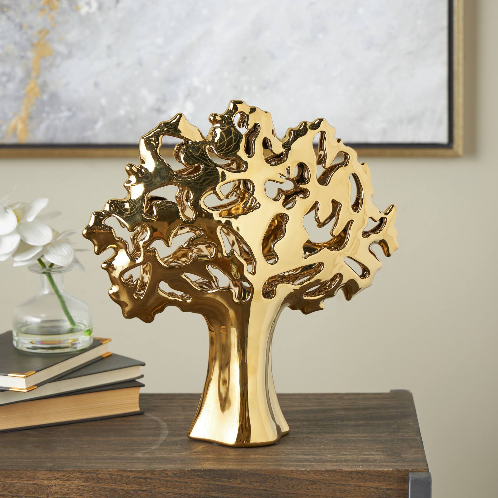 15.5" Glossy Metallic Abstract Ceramic Tree Sculpture