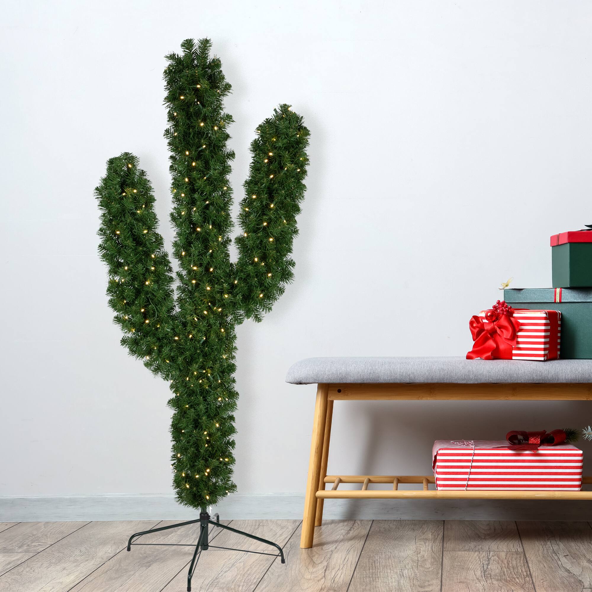 6ft. Pre-Lit Cactus Pine Artificial Christmas Tree, Warm White LED Lights