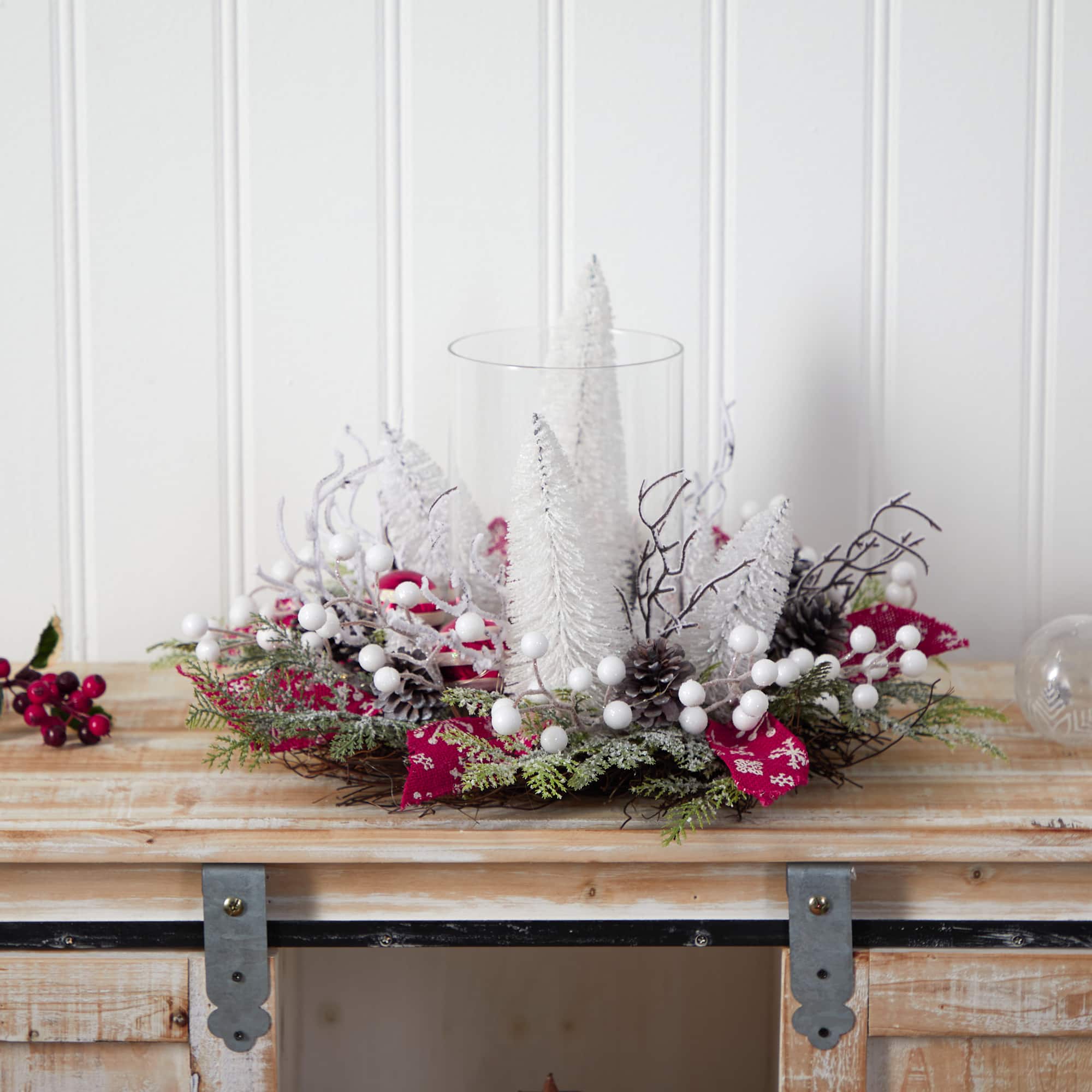 15" Christmas Lighted Forest Candle Holder Arrangement