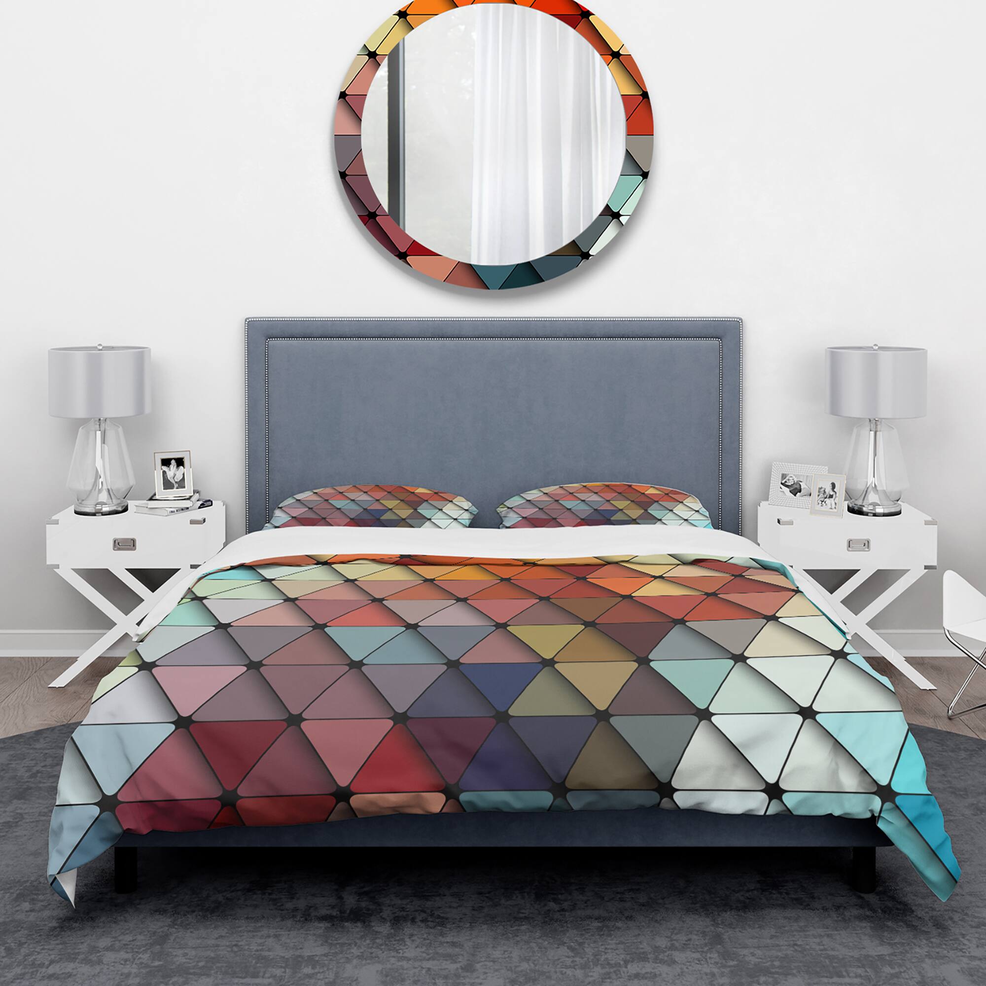 Designart &#x27;3D Diamond Shaped Geometry in Shades of Blue and Red&#x27; Modern &#x26; Contemporary Bedding Set - Duvet Cover &#x26; Shams