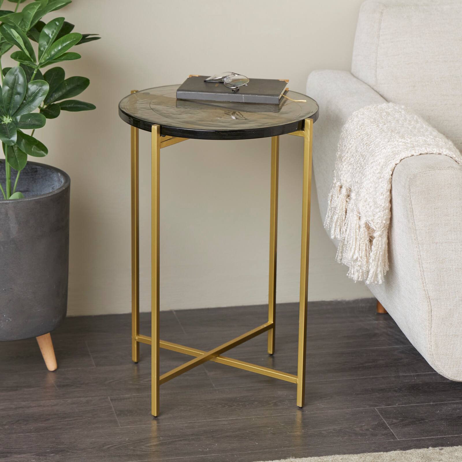 24" Metal X-Shaped Accent Table with Textured Glass Tabletop