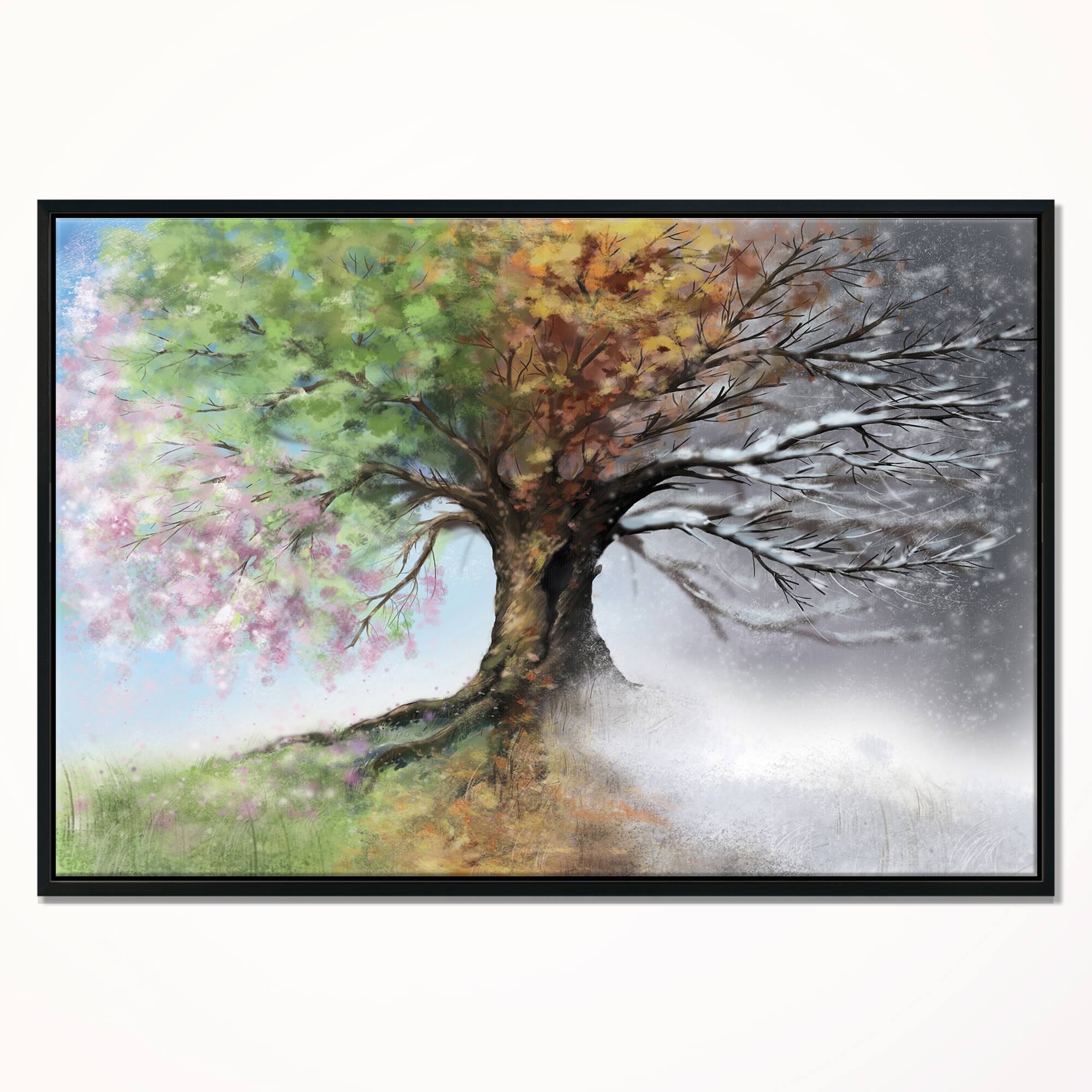 Designart - Tree with Four Seasons - Tree Painting Framed Canvas Art Print