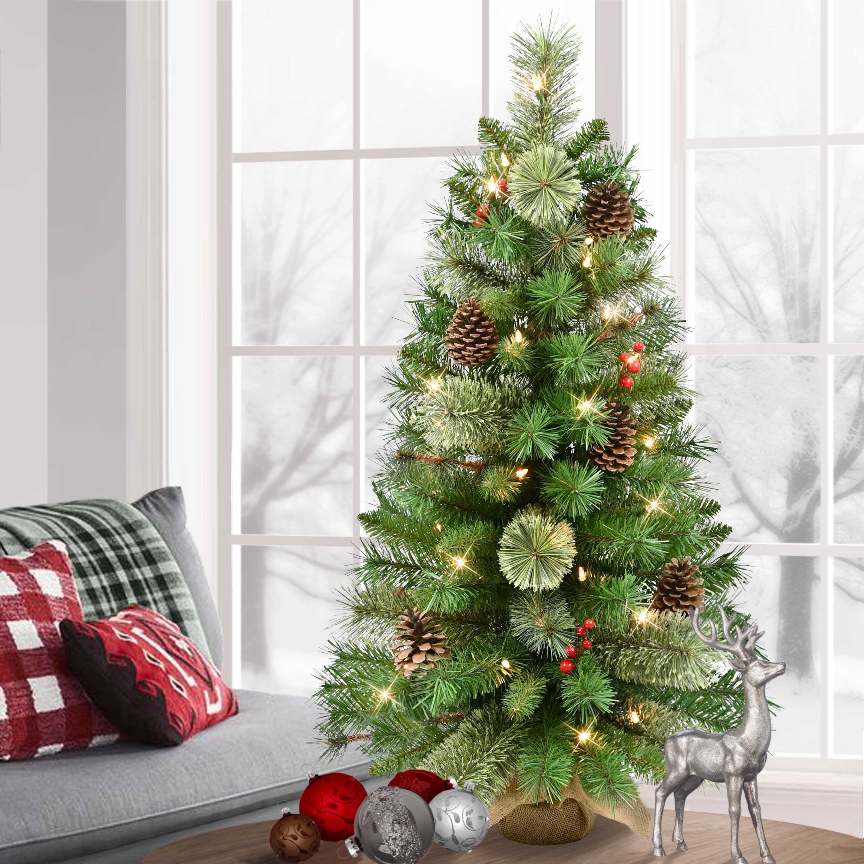 3ft. Pre-Lit Pine Adorned Artificial Christmas Tree in Burlap Sack, Clear Lights