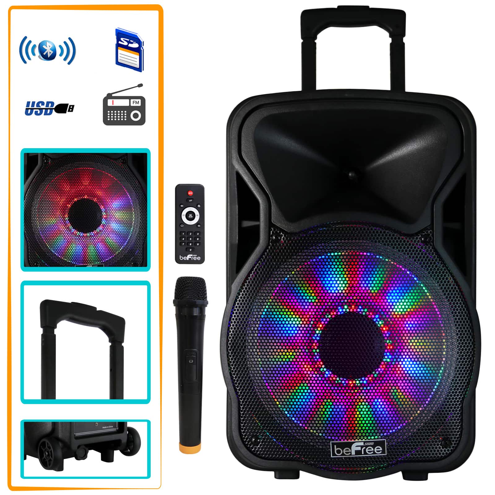 beFree Sound 12" 2500 Watt Bluetooth Rechargeable Portable Party PA Speaker With Illuminating Lights
