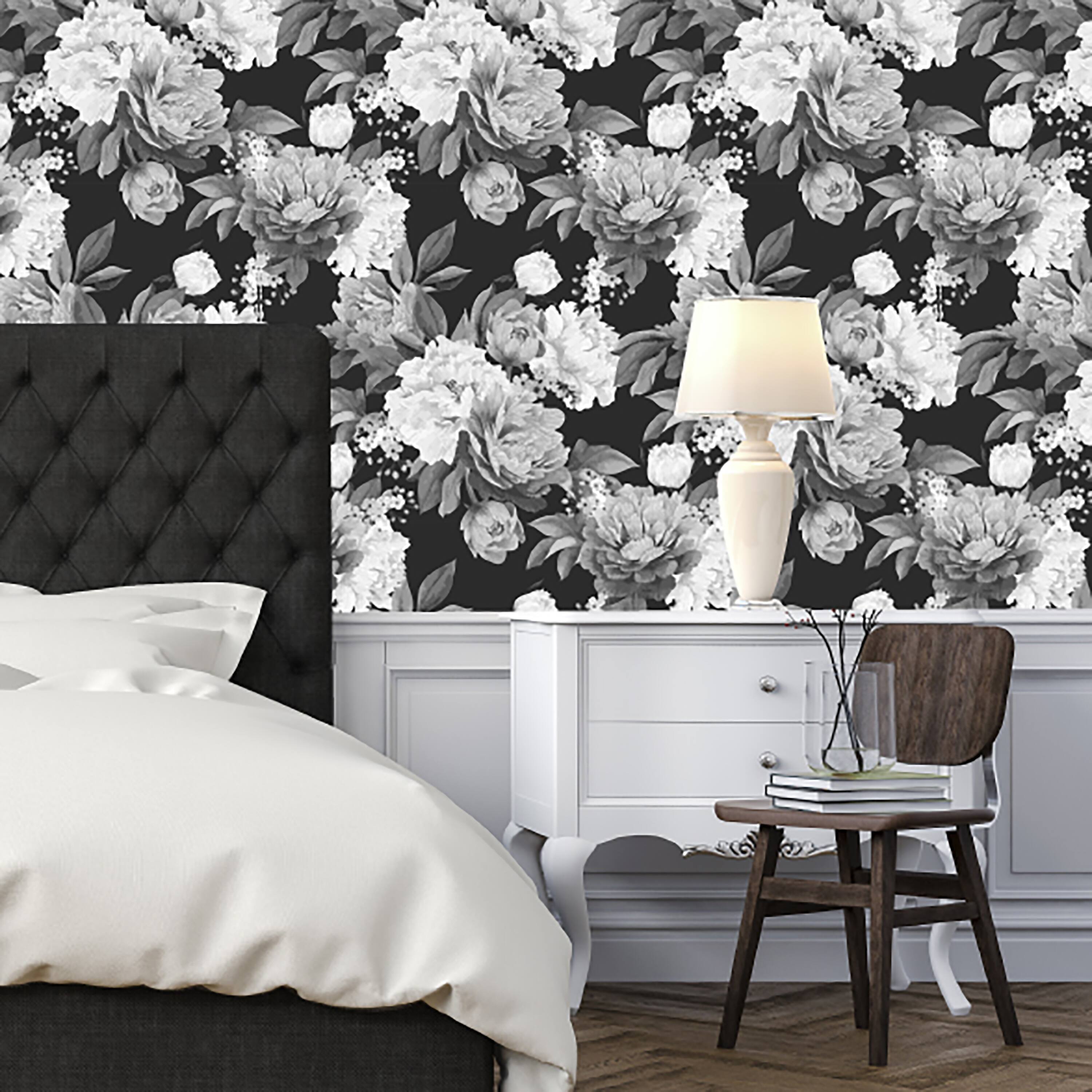 Simplify Black &#x26; White Floral Adhesive Wallpaper