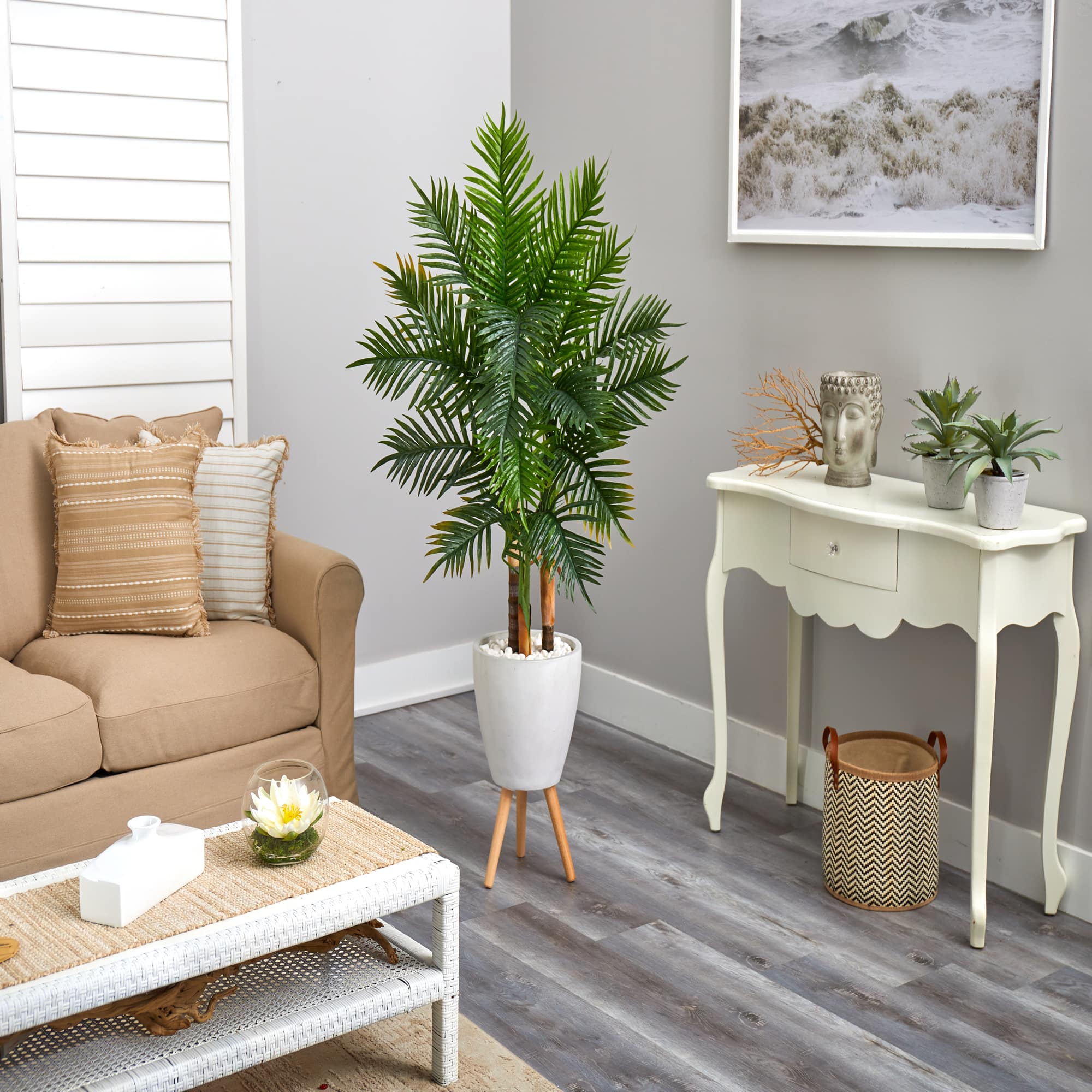 5ft. Areca Palm Tree in White Planter with Stand