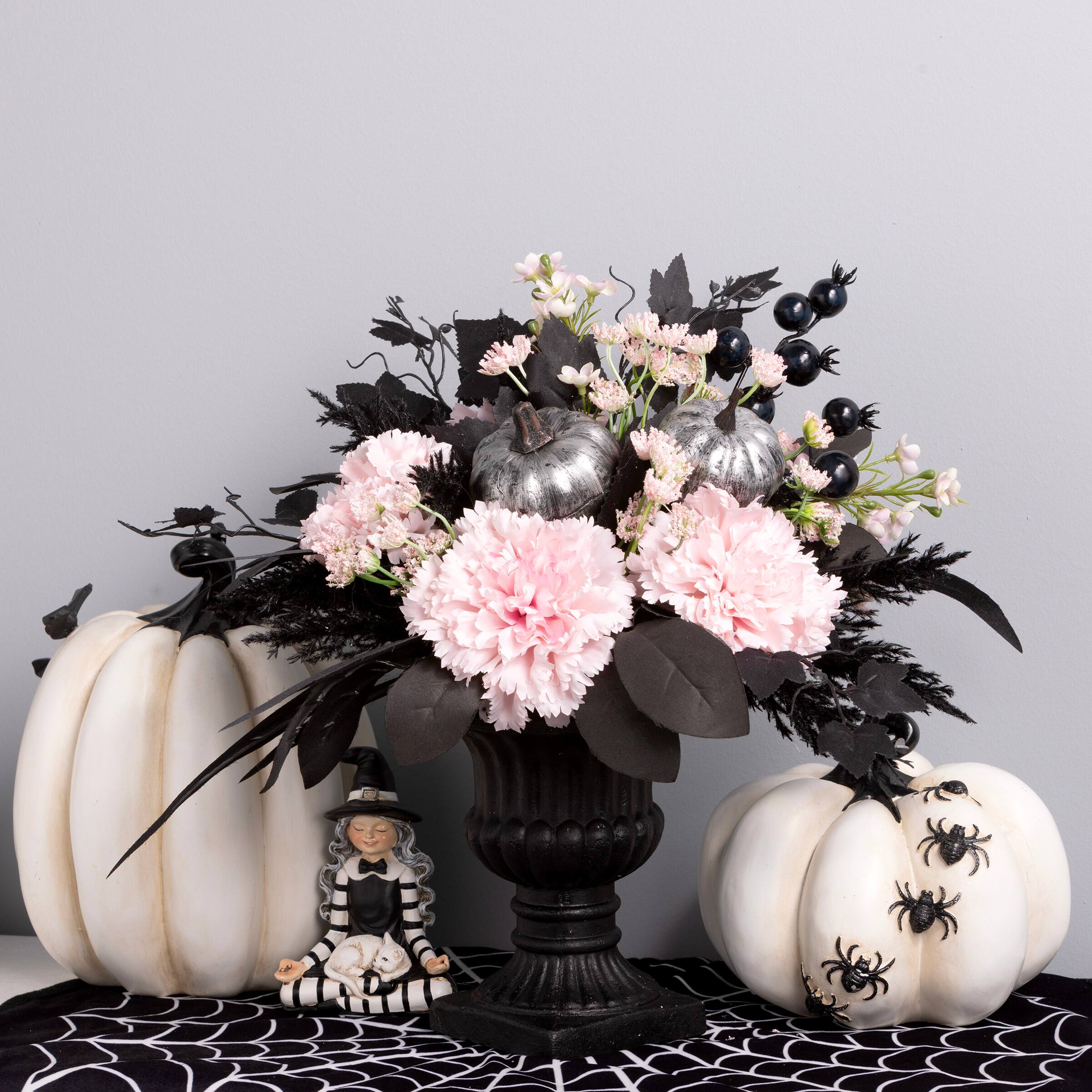 17&#x22; Pretty Morbid Pink Carnation Halloween Centerpiece in Black Urn
