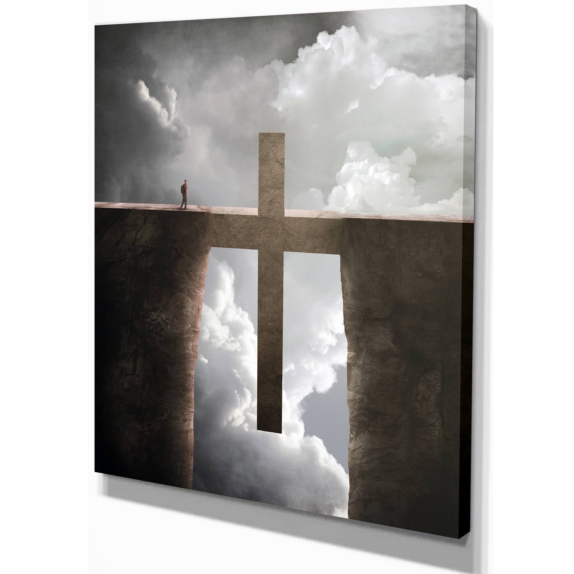 Designart - Big Cross between Two Cliffs - Landscapes Spiritual Religious on Wrapped Canvas