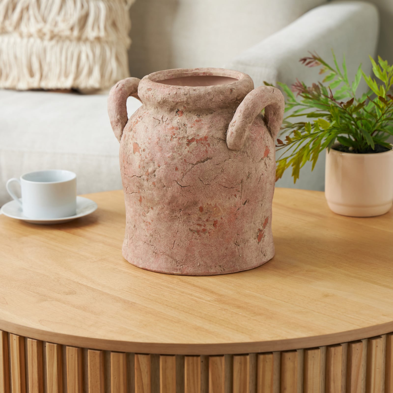 10.5" Pink Ceramic Antique Style Distressed Decorative Vase with Handles