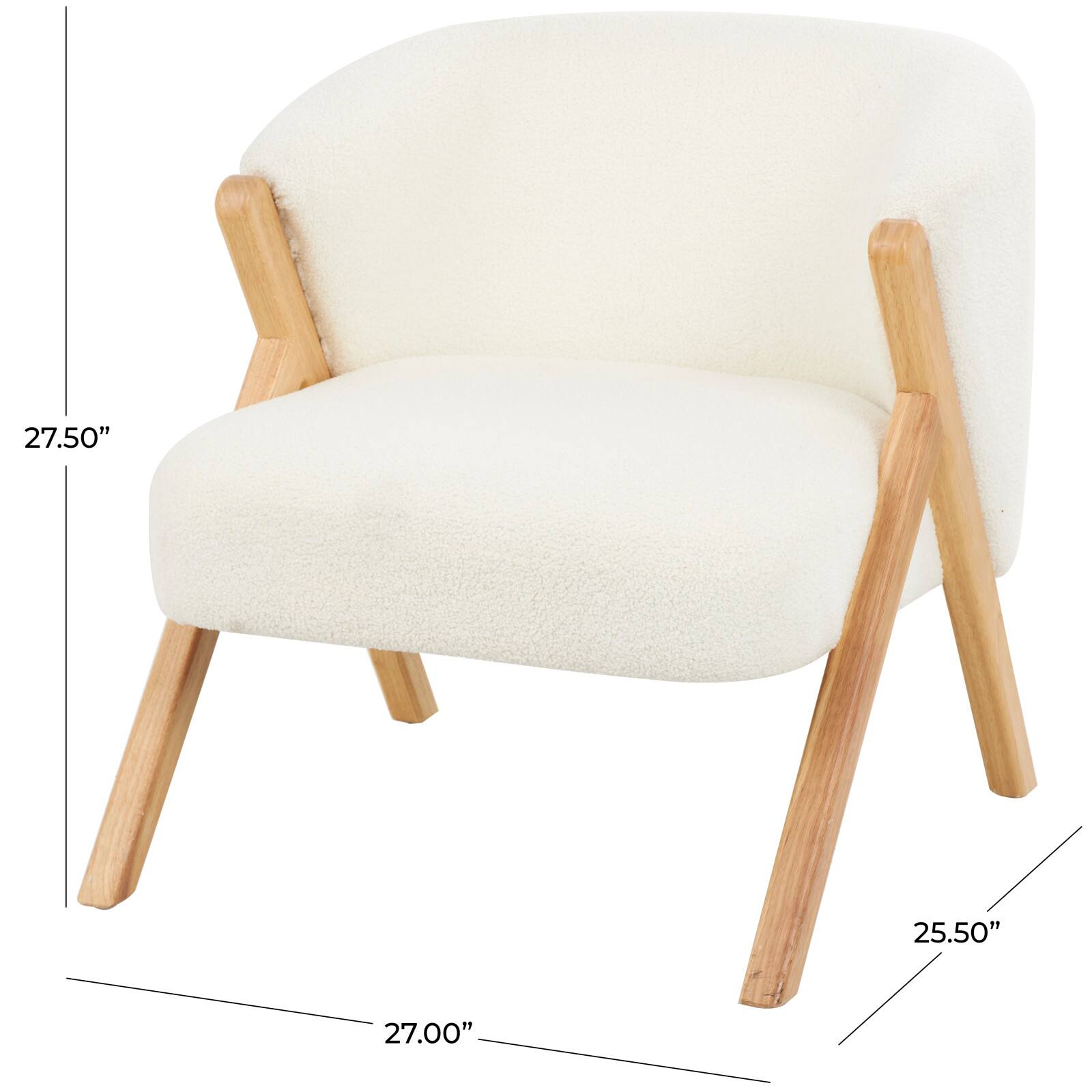 White Polyester Rounded Boucle Accent Chair with Angled Wooden Legs