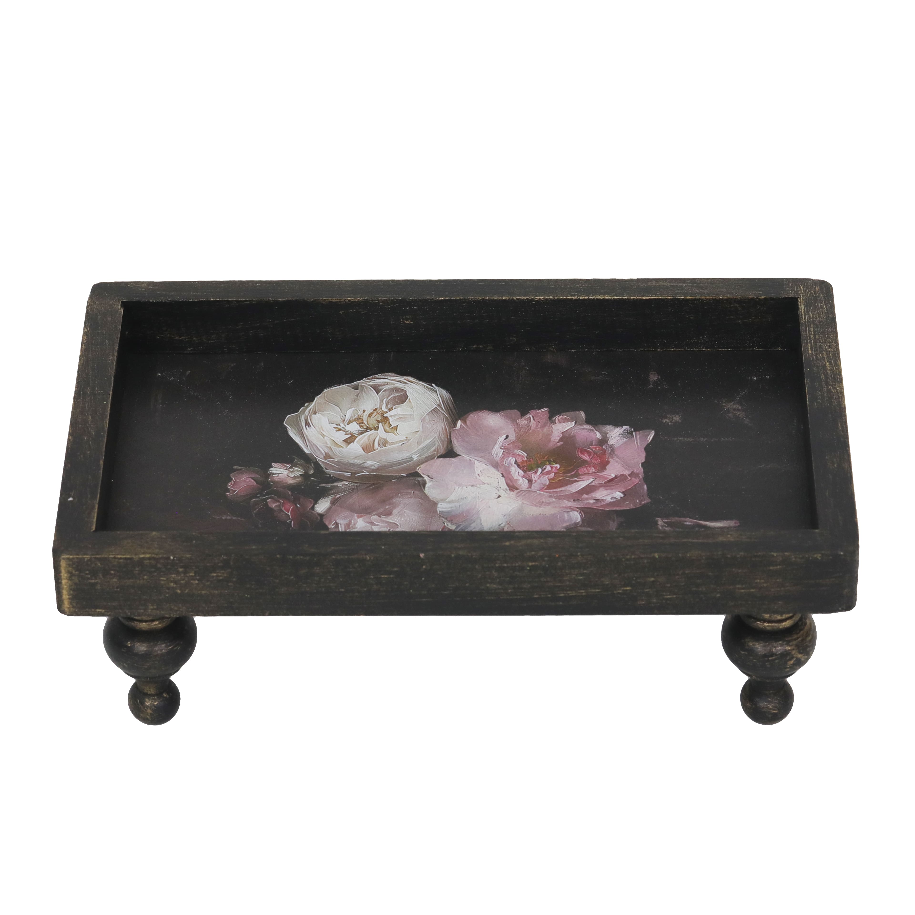 9.75&#x22; Weathered Black &#x26; Pink Floral Tabletop Wood Riser Tray by Ashland&#xAE;