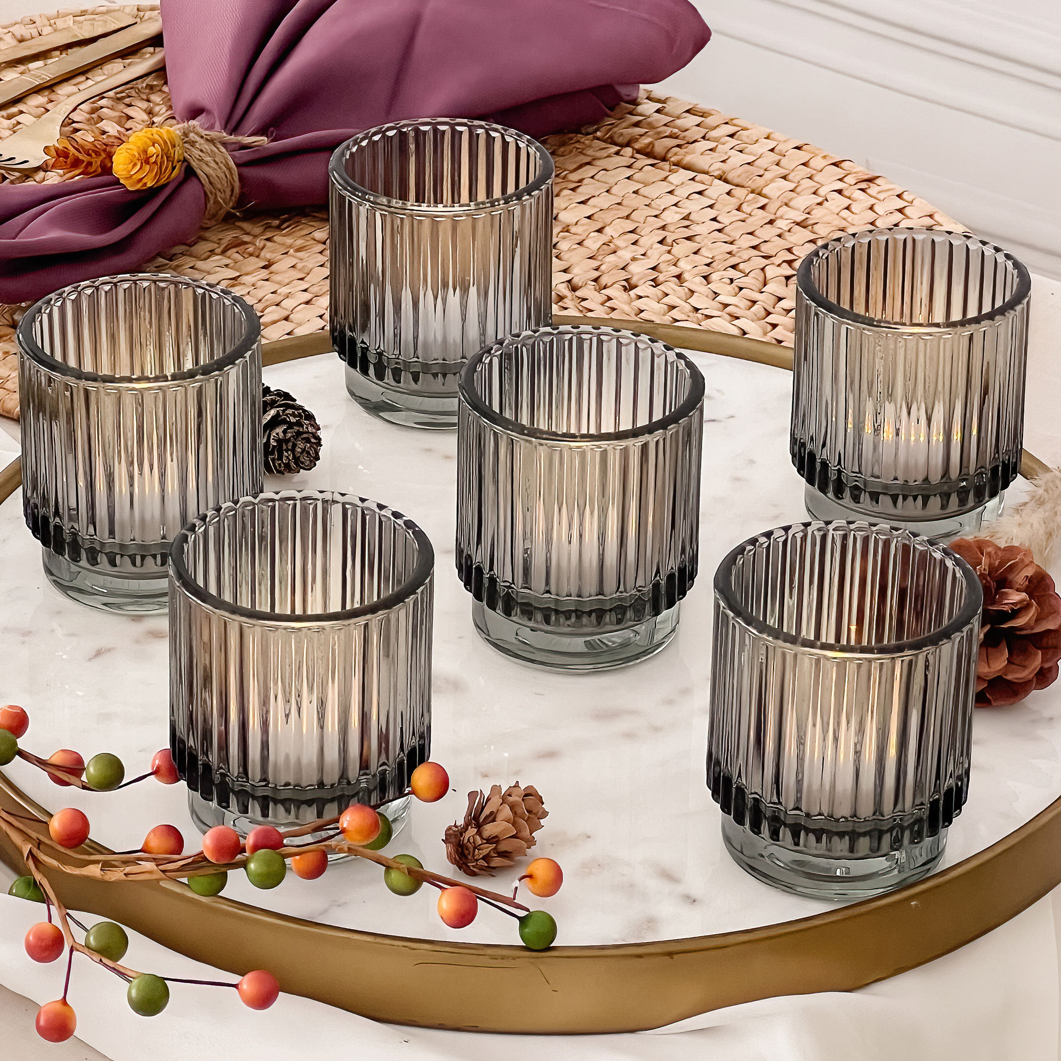 Ribbed Blue Glass Votive Candle Holder (Set of 6) – Kate Aspen