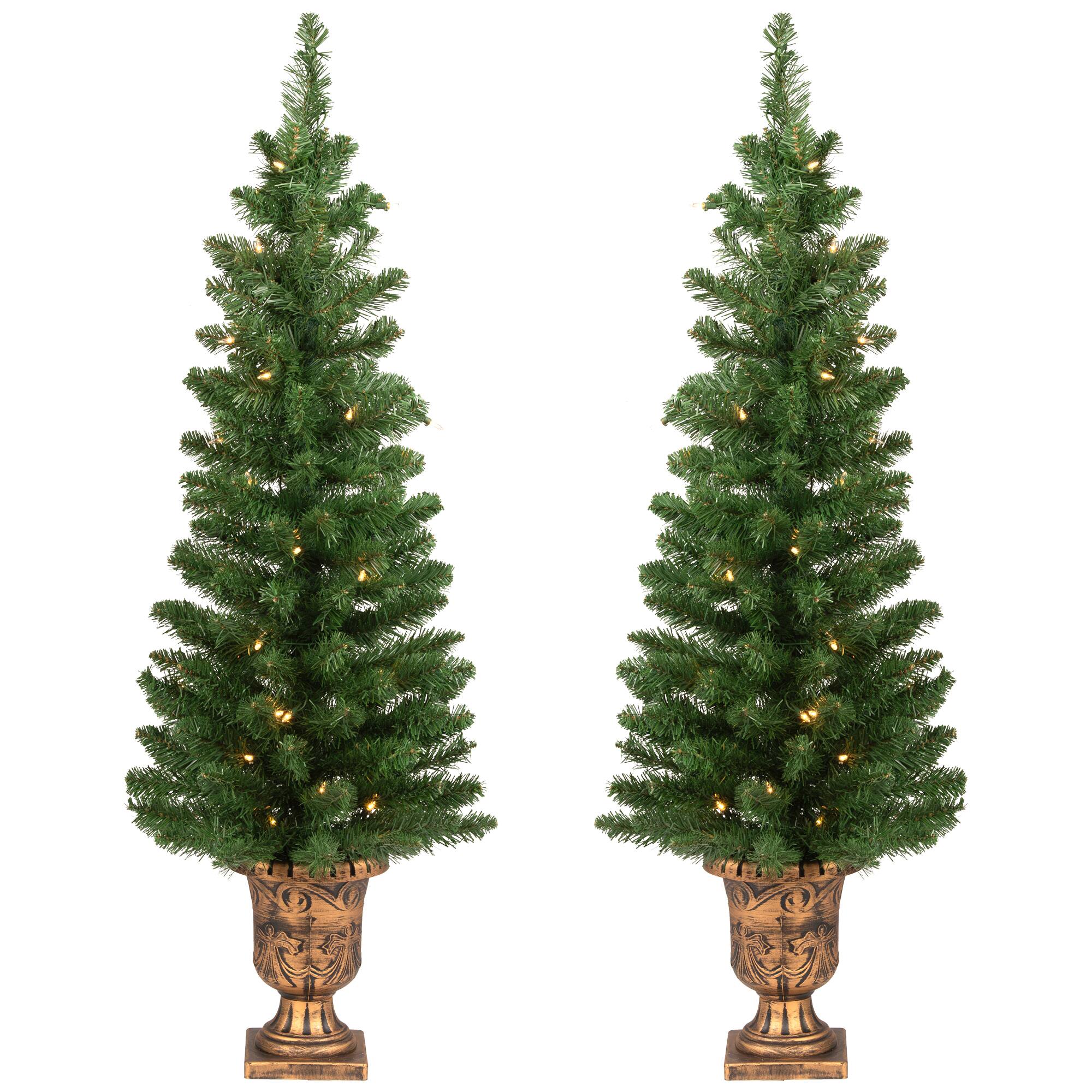 2 Pack 4ft. Pre-Lit Whitmire Pine Artificial Christmas Tree in Gold Urn Planter, Clear Lights