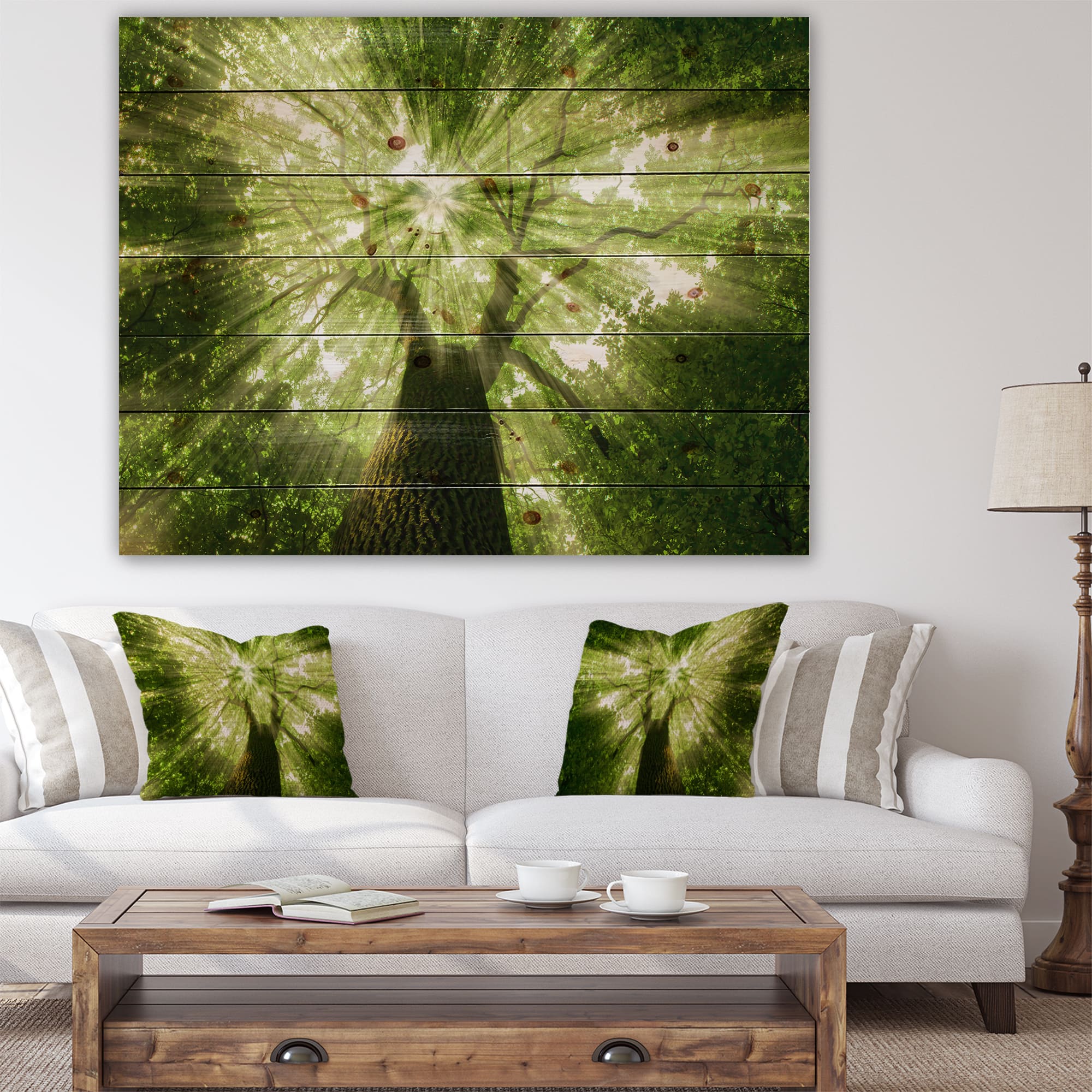 Designart - Sunlight Peeking through Green Tree - Landscape Print on Natural Pine Wood