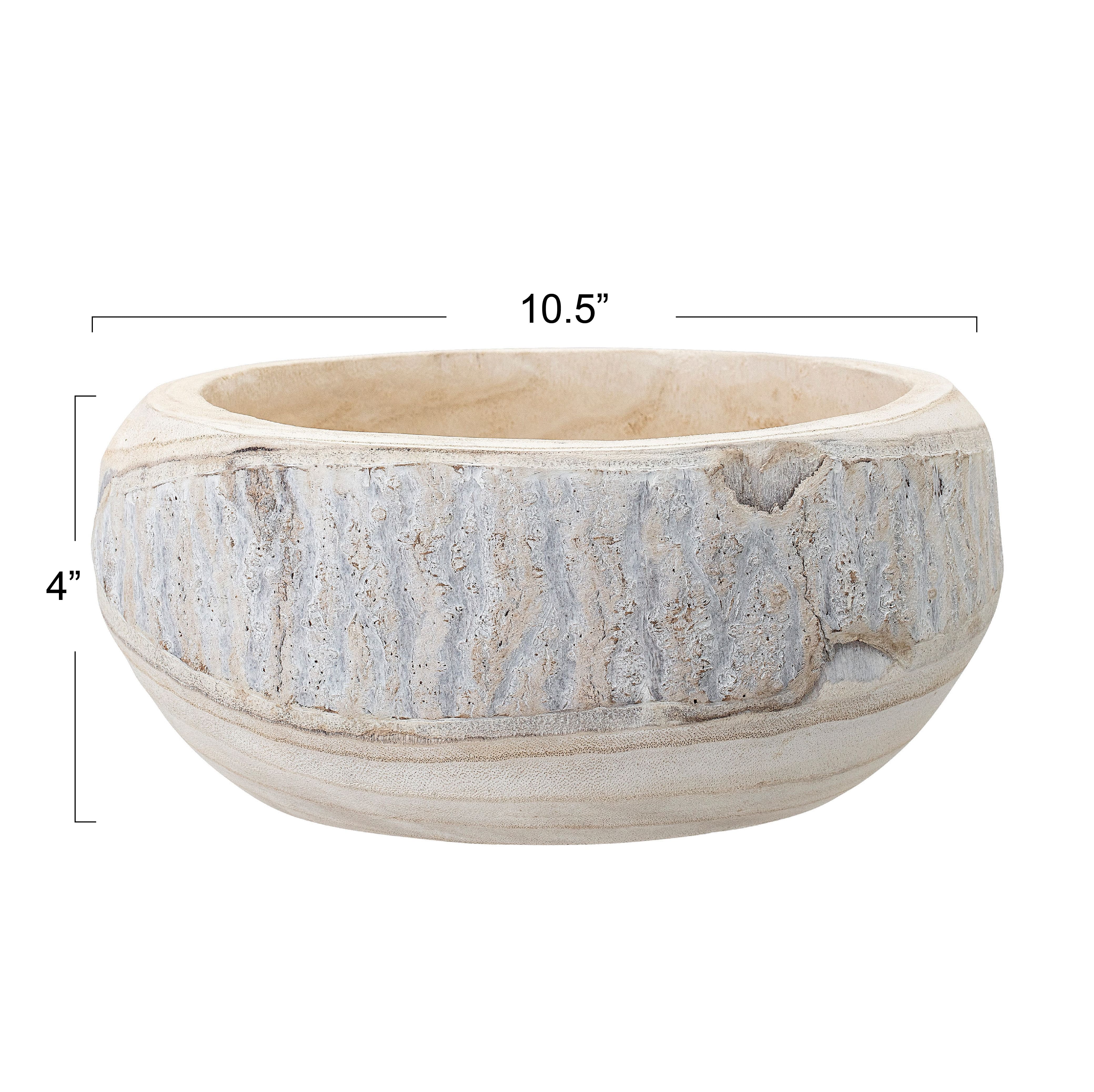 Hand-Carved Paulownia Wood Pot with Whitewashed Finish