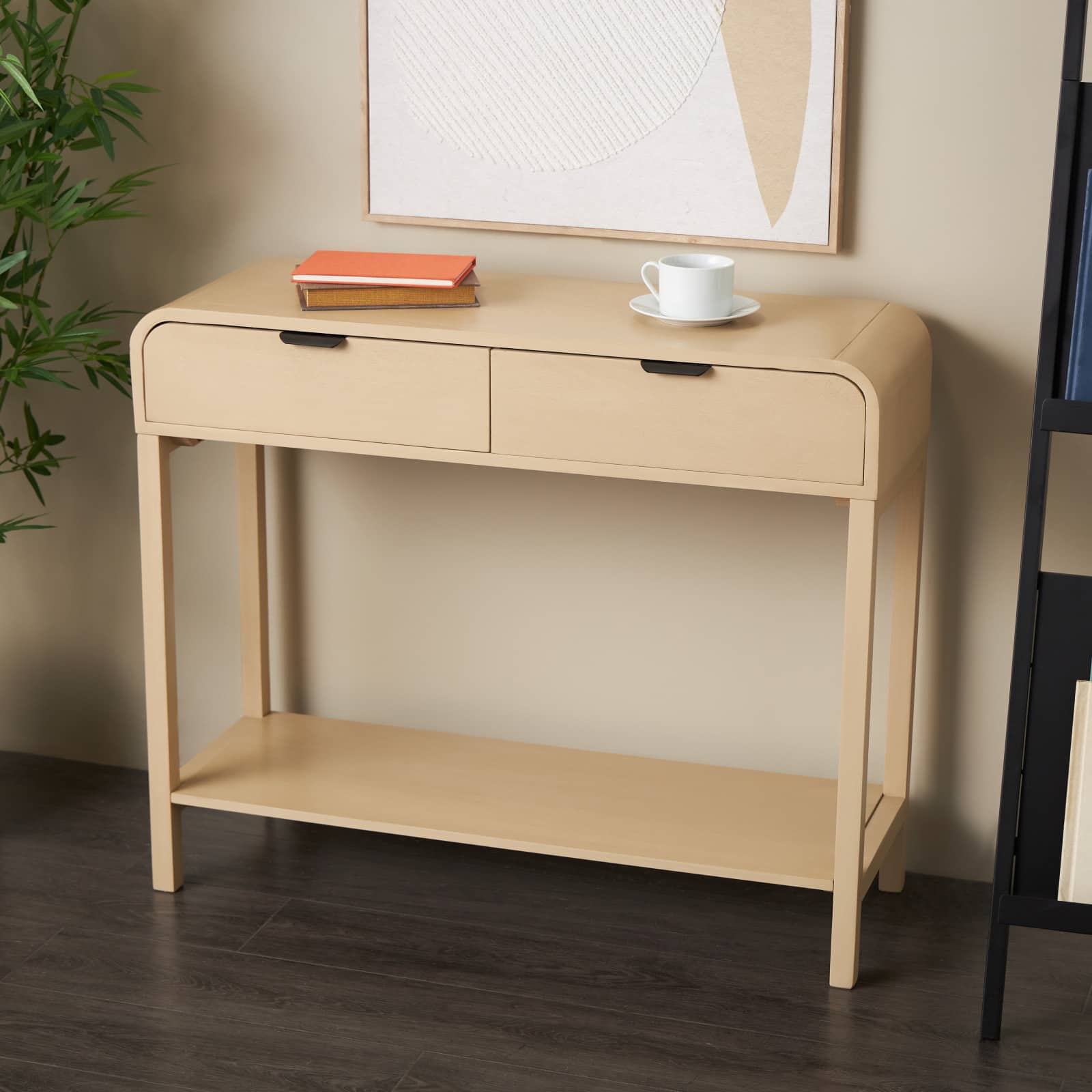 35.5" Beige Wood Handmade 2-Drawer Console Table with Black Handles