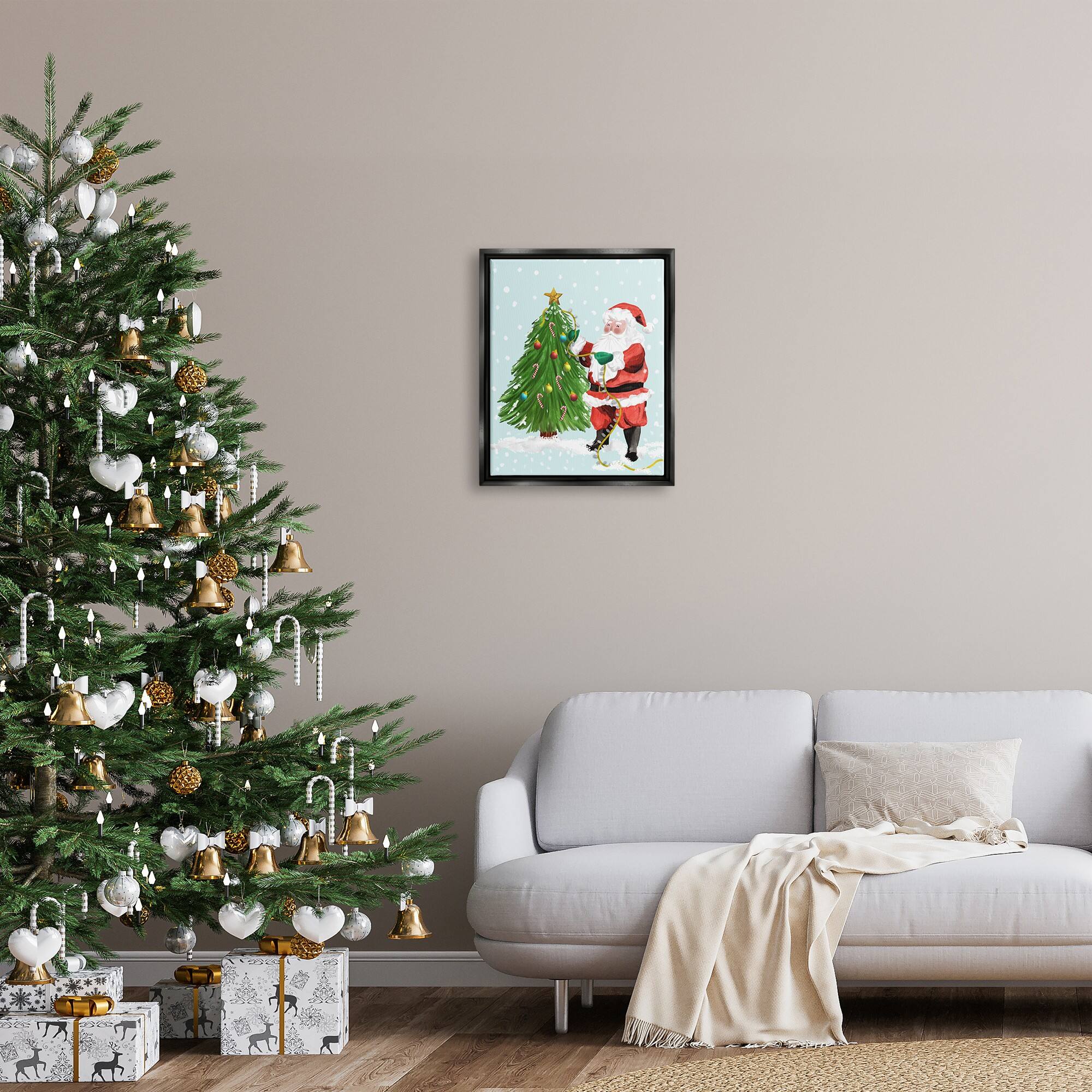 Stupell Industries Snowy Santa Claus Tree Scenery Framed Floater Canvas Wall Art