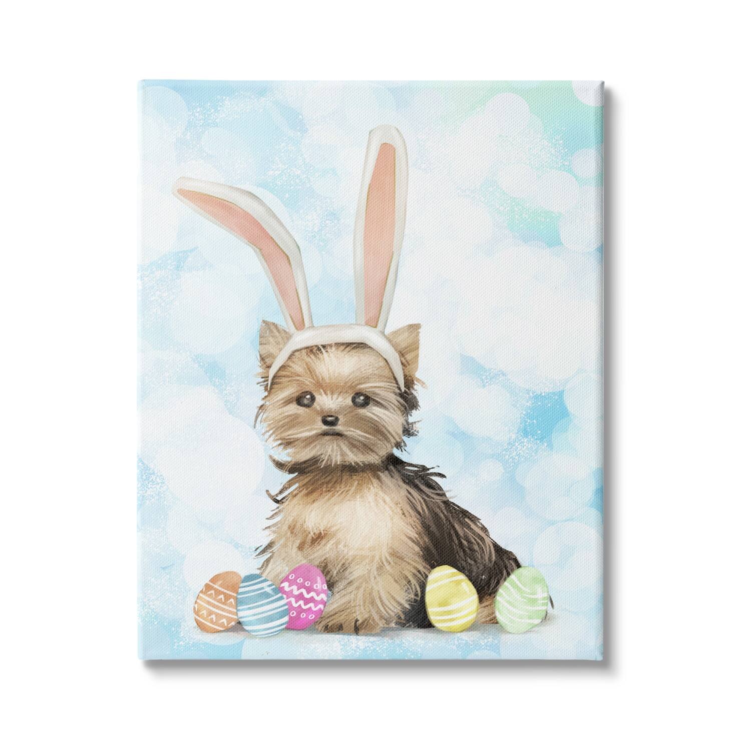 Stupell Industries Easter Yorkie Puppy Bunny Ears Patterned Eggs Canvas Wall Art