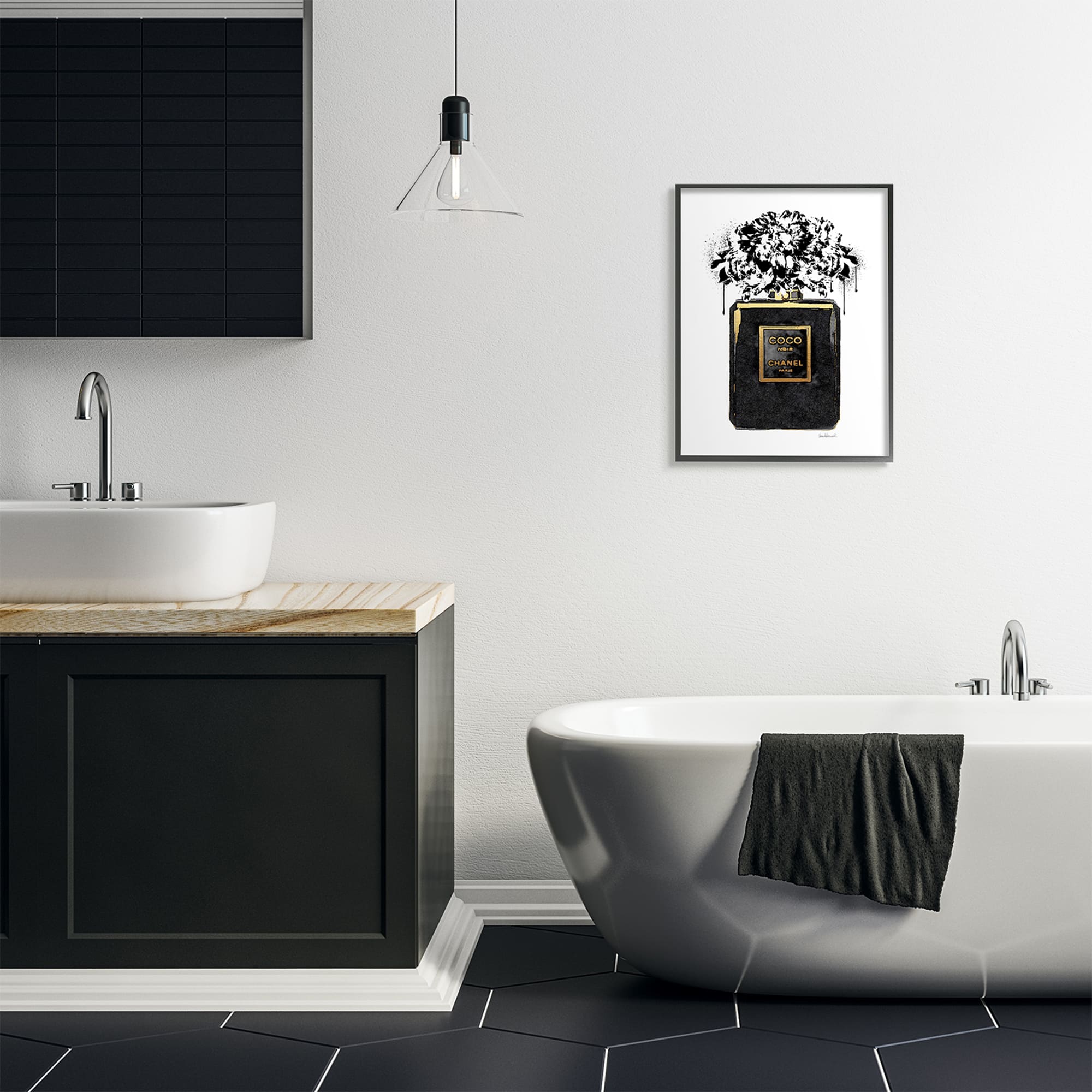 Stupell Industries Spray Paint Flowers in Black Fashion Fragrance Bottle in Black Frame Wall Art