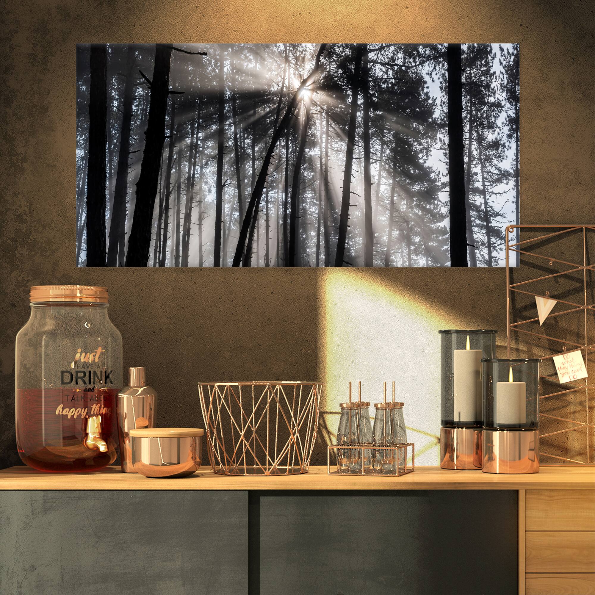 Designart - Sunbeams through Black White Forest - Forest Canvas Wall Art Print