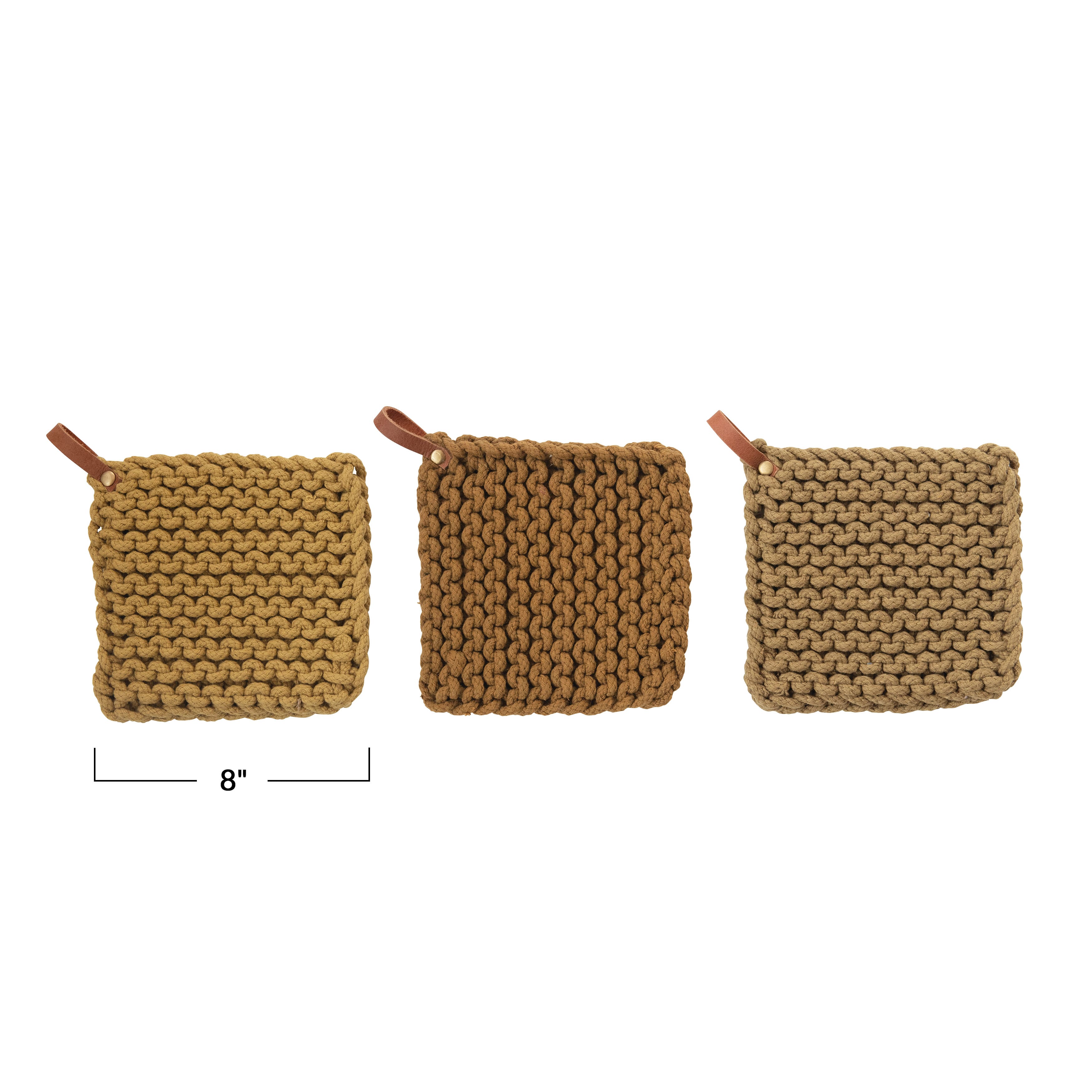 Earthy Browns Square Leather Loop Crochet Cotton Pot Holder Set