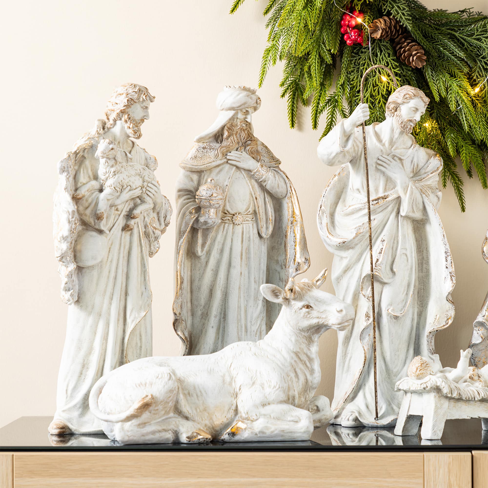 Glitzhome&#xAE; 10-Piece Ivory &#x26; Gold Resin Nativity Figurine Set