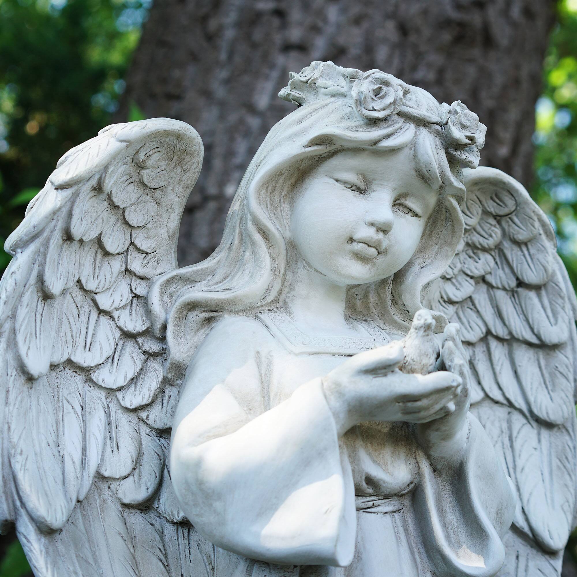 20.5&#x22; Gray Standing Girl Angel Holding a Bird Outdoor Statue