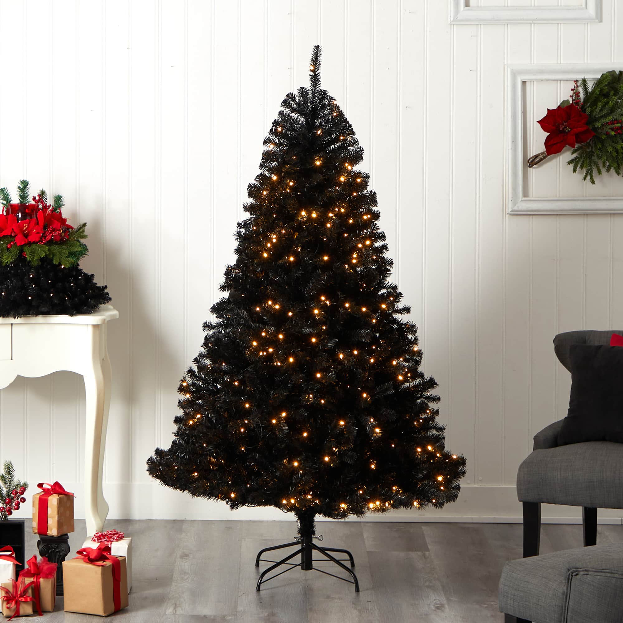 6ft. Pre-Lit Black Artificial Christmas Tree, Clear LED Lights