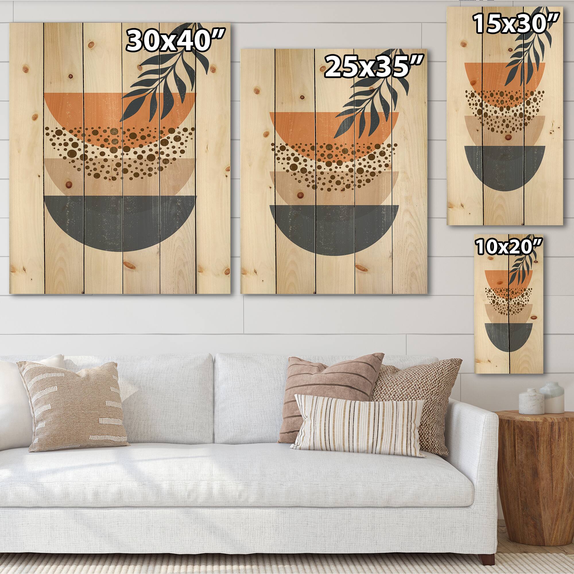 Designart - Abstract Geometrical Sun and Moon With Leaf IV - Modern Print on Natural Pine Wood