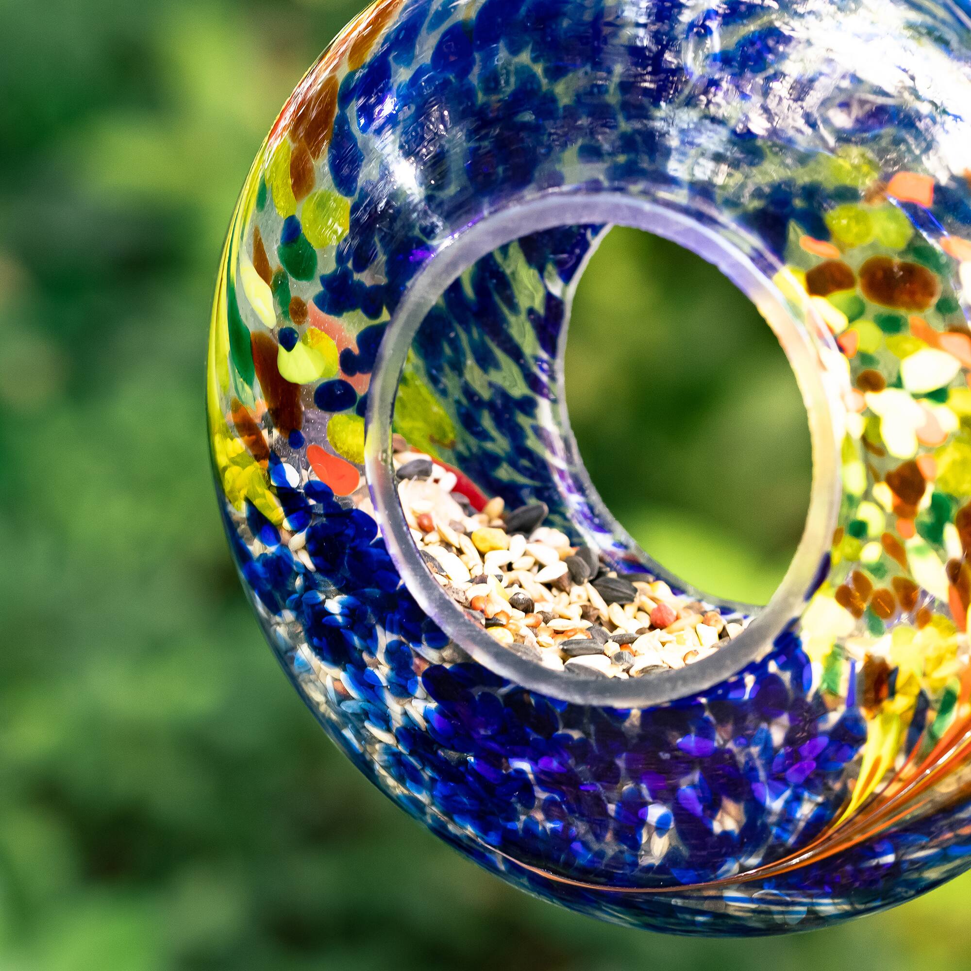 Glitzhome® 7.75" Multicolor Glass Round Hanging Bird Feeder
