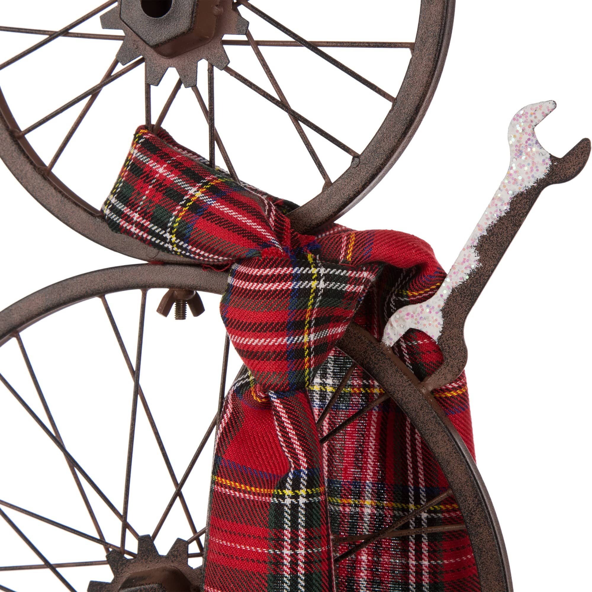 Glitzhome&#xAE; 34&#x22; Metal Bike Wheel Snowman with Plaid Scarf Porch D&#xE9;cor