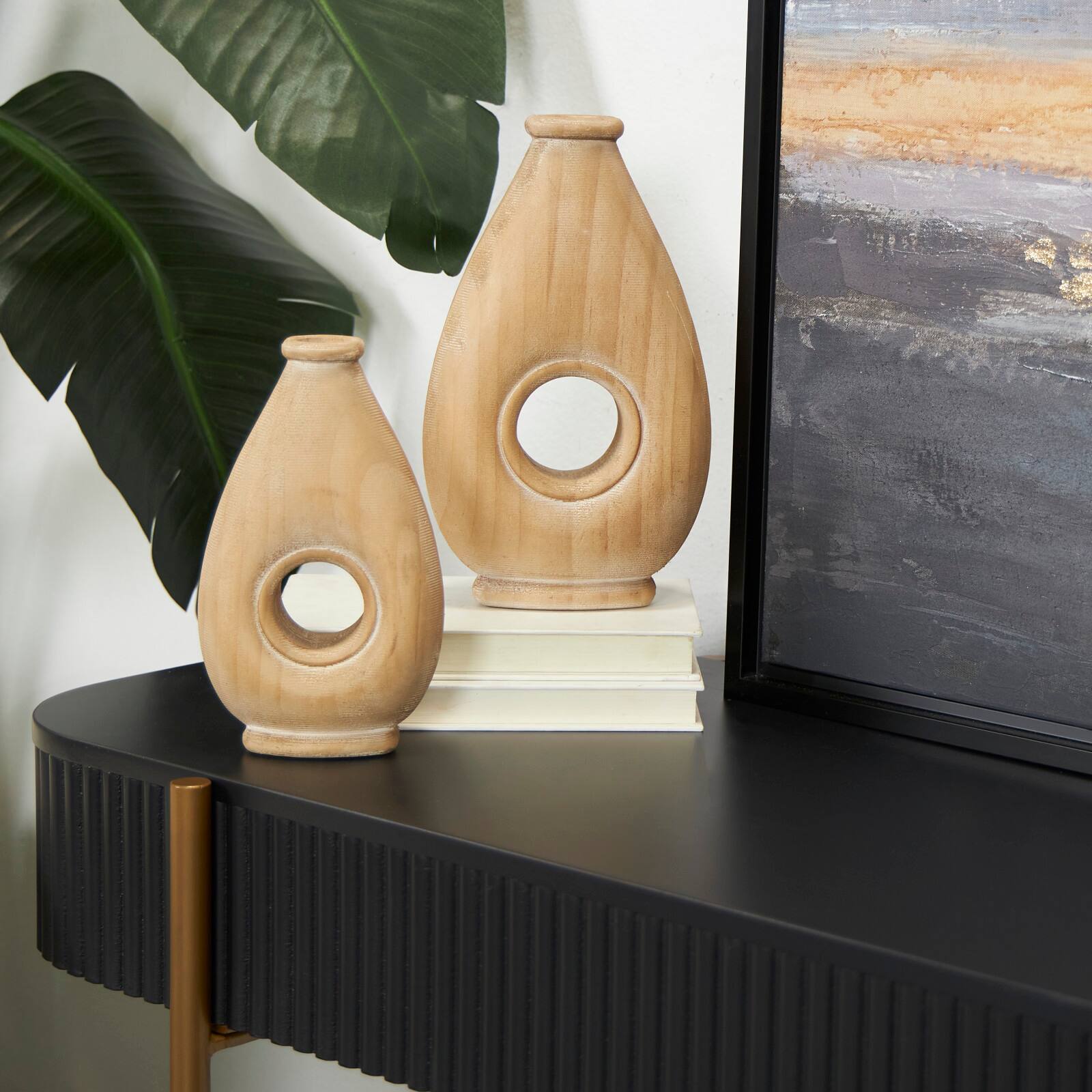 Brown Wood Teardrop Vase with Cutout Center Set
