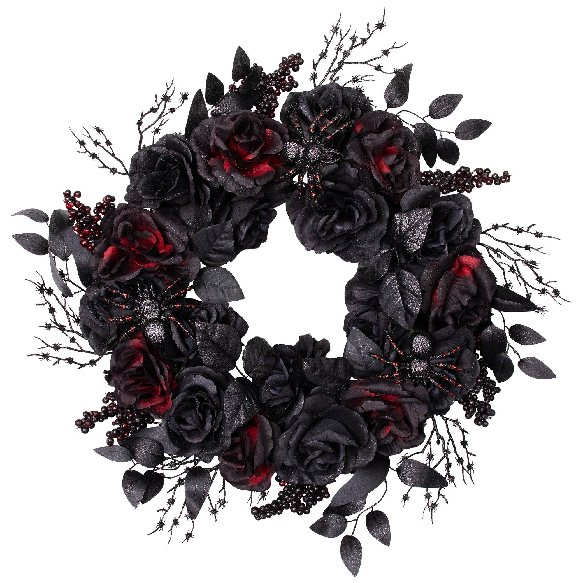 24" Burgundy & Black Roses with Spiders Halloween Wreath