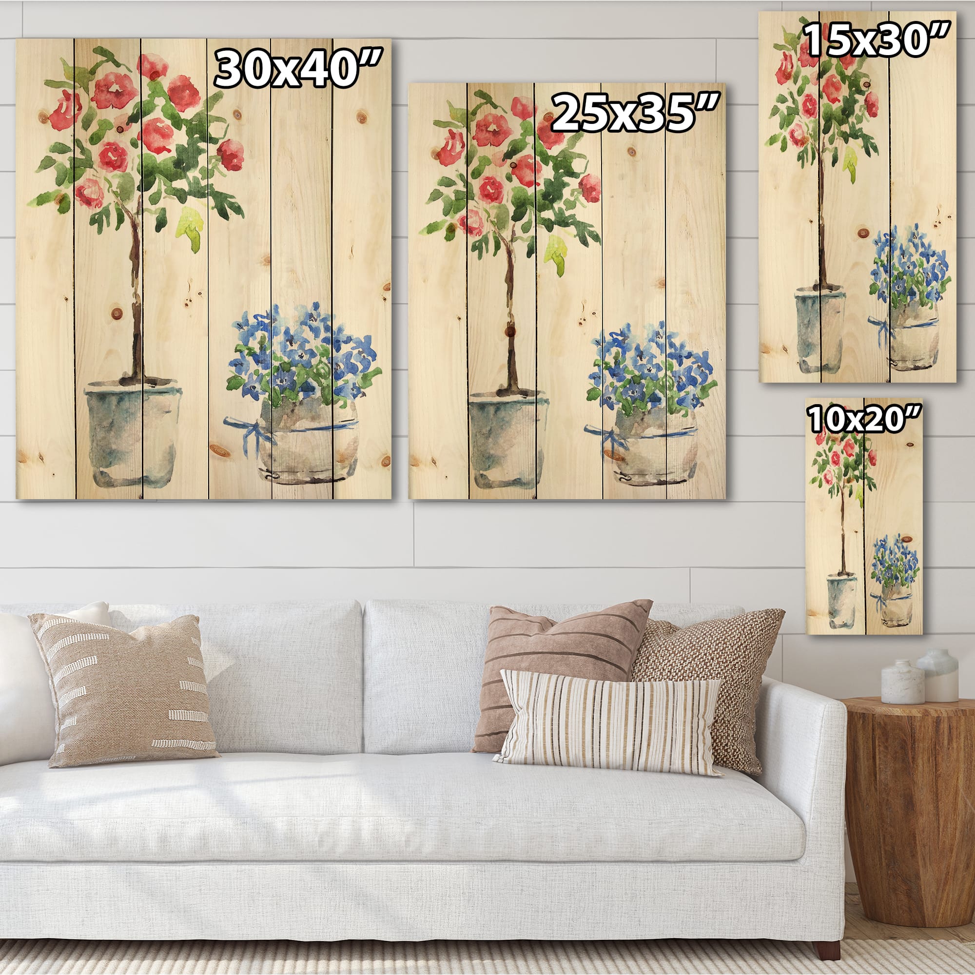 Designart - Blue and Red Houseplants - Traditional Print on Natural Pine Wood