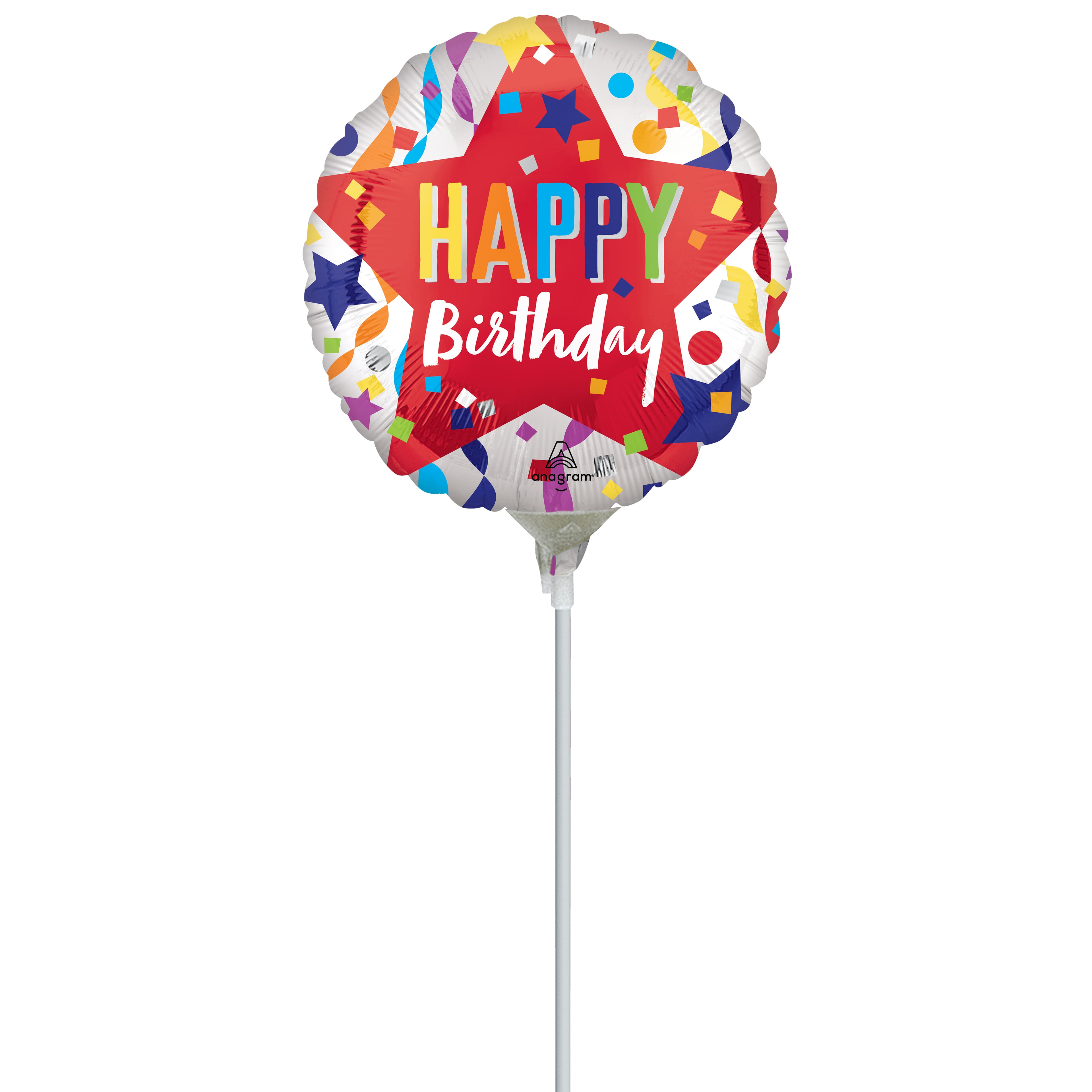 9&#x22; Red Star Happy Birthday Foil Balloon Stick
