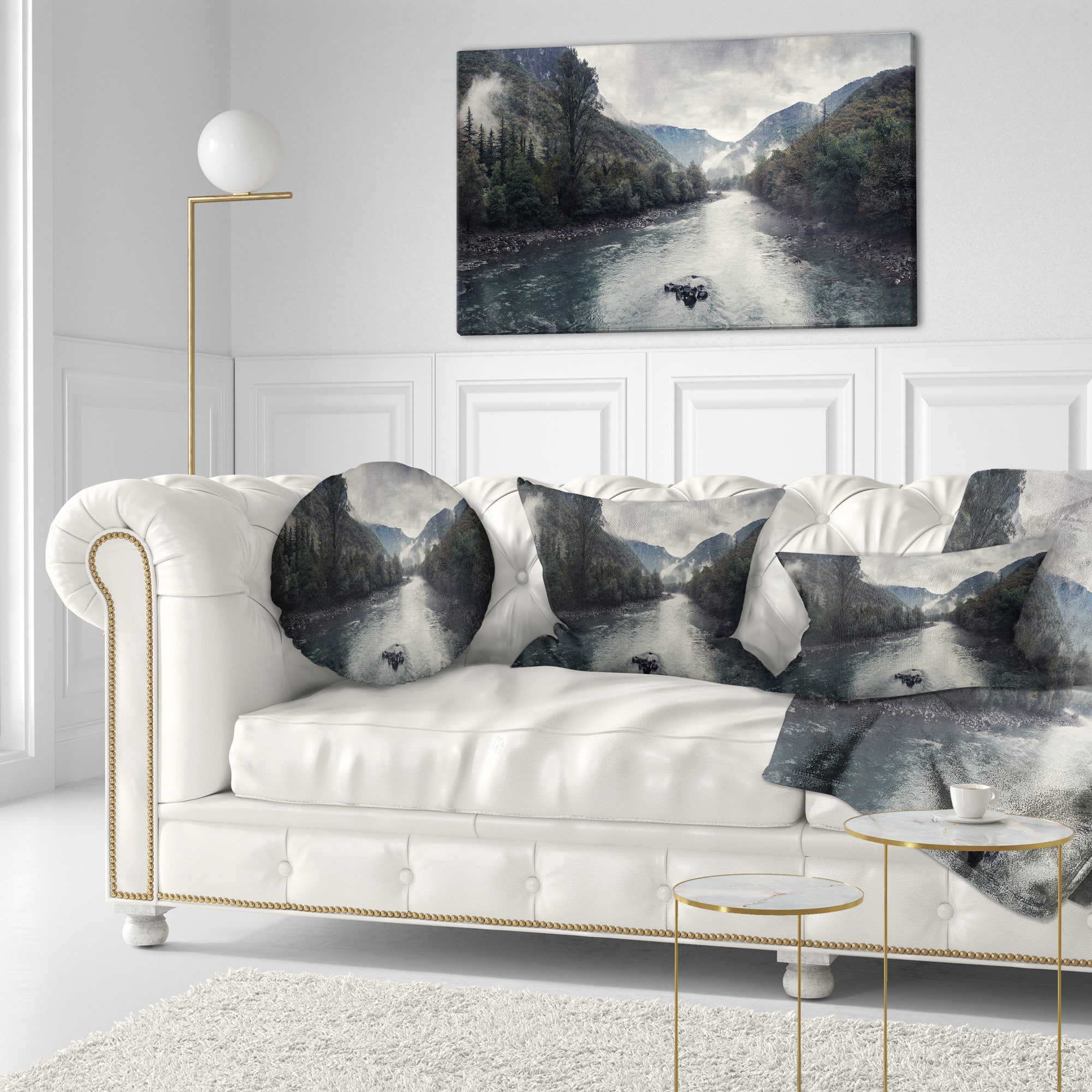 Designart - Mountain River with Fog and Rain - Modern Seascape Canvas Artwork