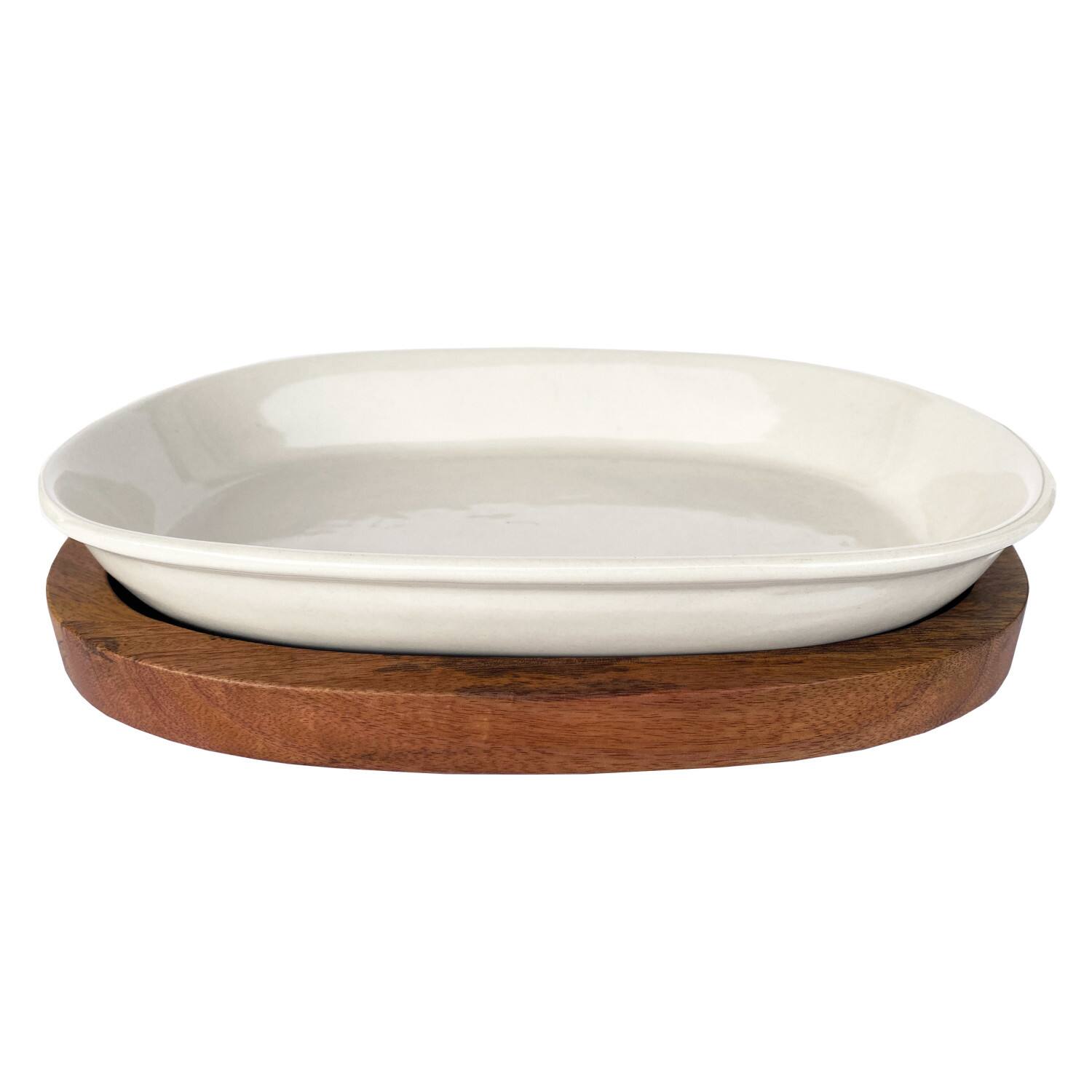 Hello Honey&#xAE; 13&#x22; Cream Stoneware Serving Dish with Natural Mango Wood Base
