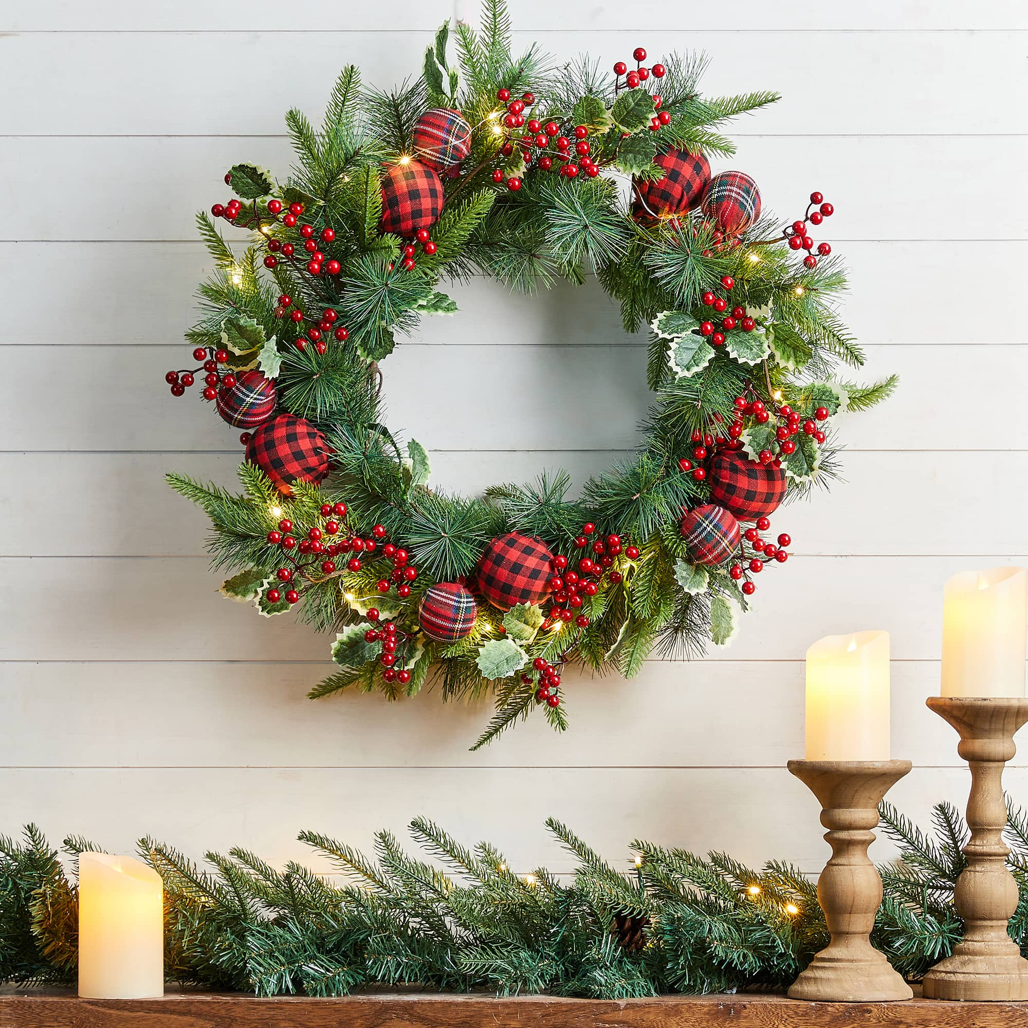 Glitzhome&#xAE; 24&#x22; Pre-Lit Ornament, Berry, Holly &#x26; Pine Wreath