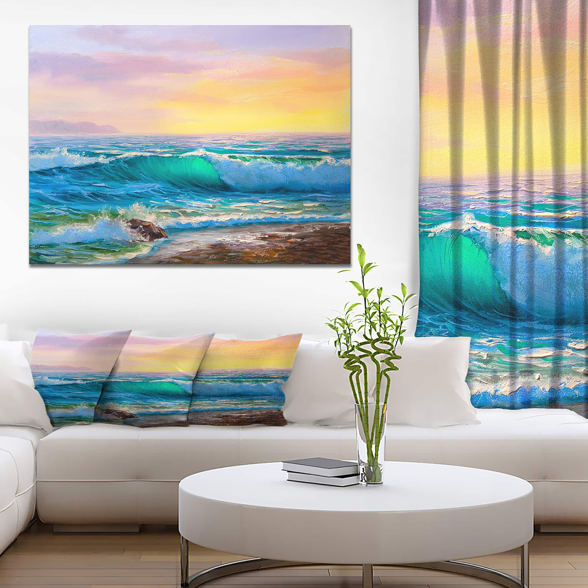 Designart - Sunsets Over Ocean Waves - Sea & Shore Painting Print On 