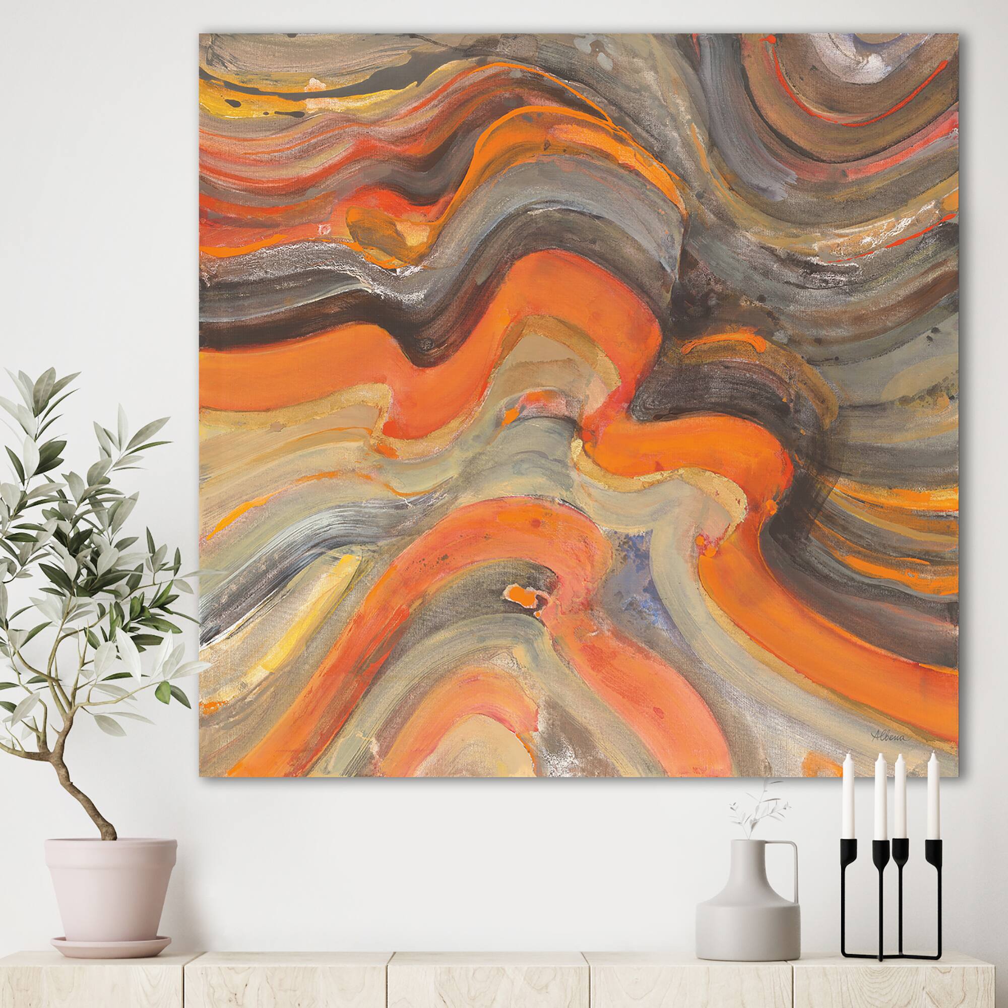 Designart - Abstract Gilded Orange Waves - Contemporary Gallery-wrapped Canvas