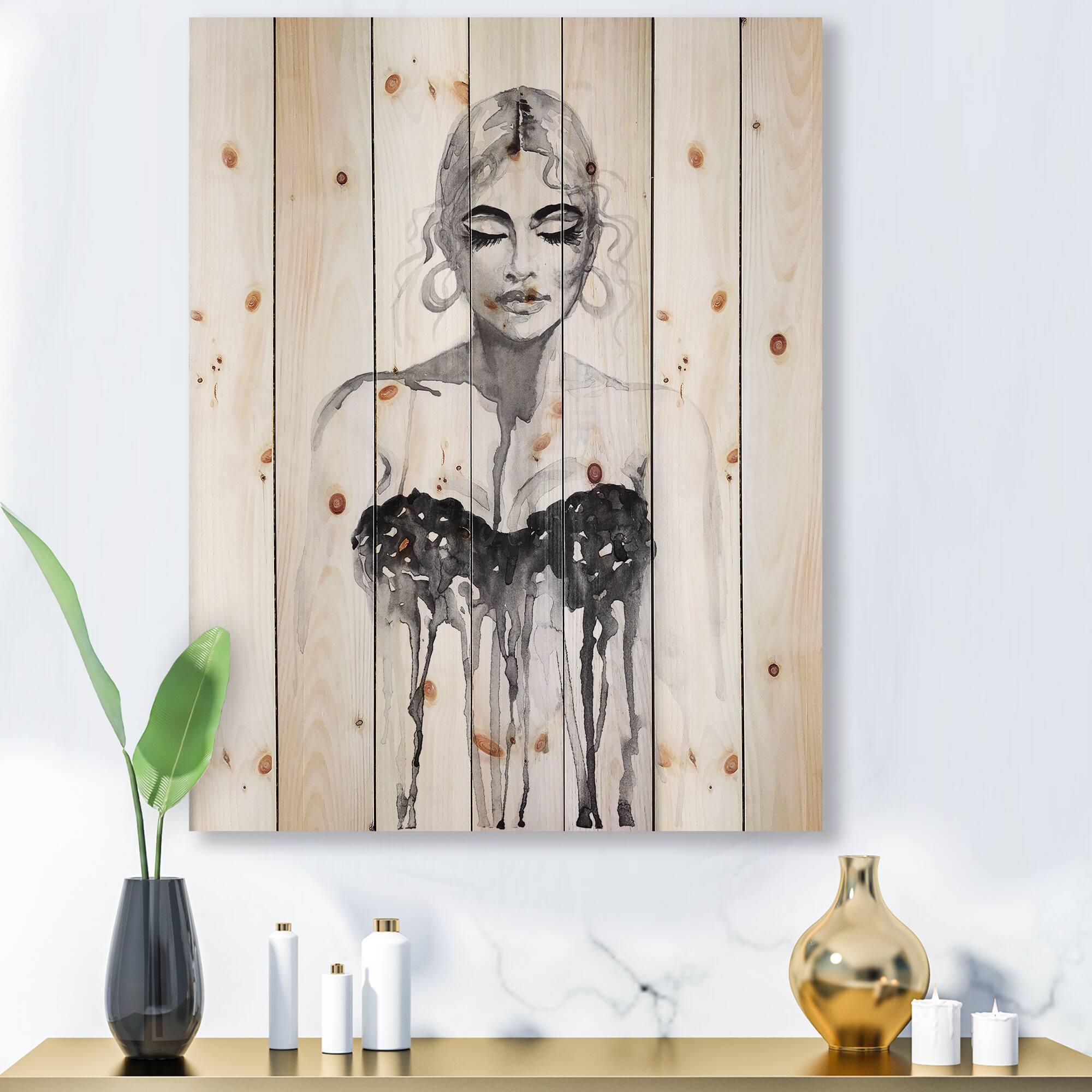 Designart - Monochrome Portrait of Woman Wearing Evening Dress - Modern Print on Natural Pine Wood