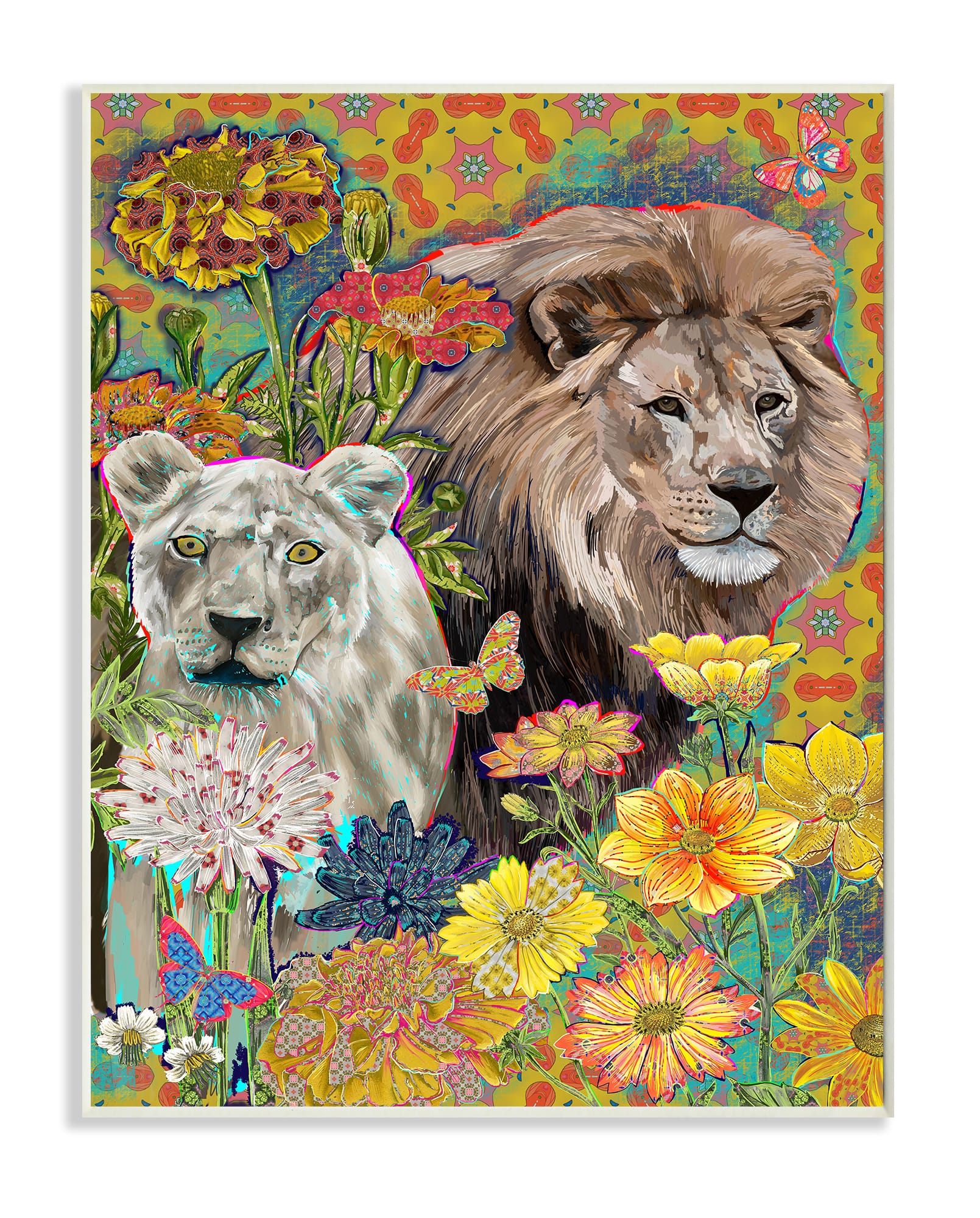 Stupell Industries Lion Couple Behind Tropical Florals Arabesque Pattern Wall Plaque