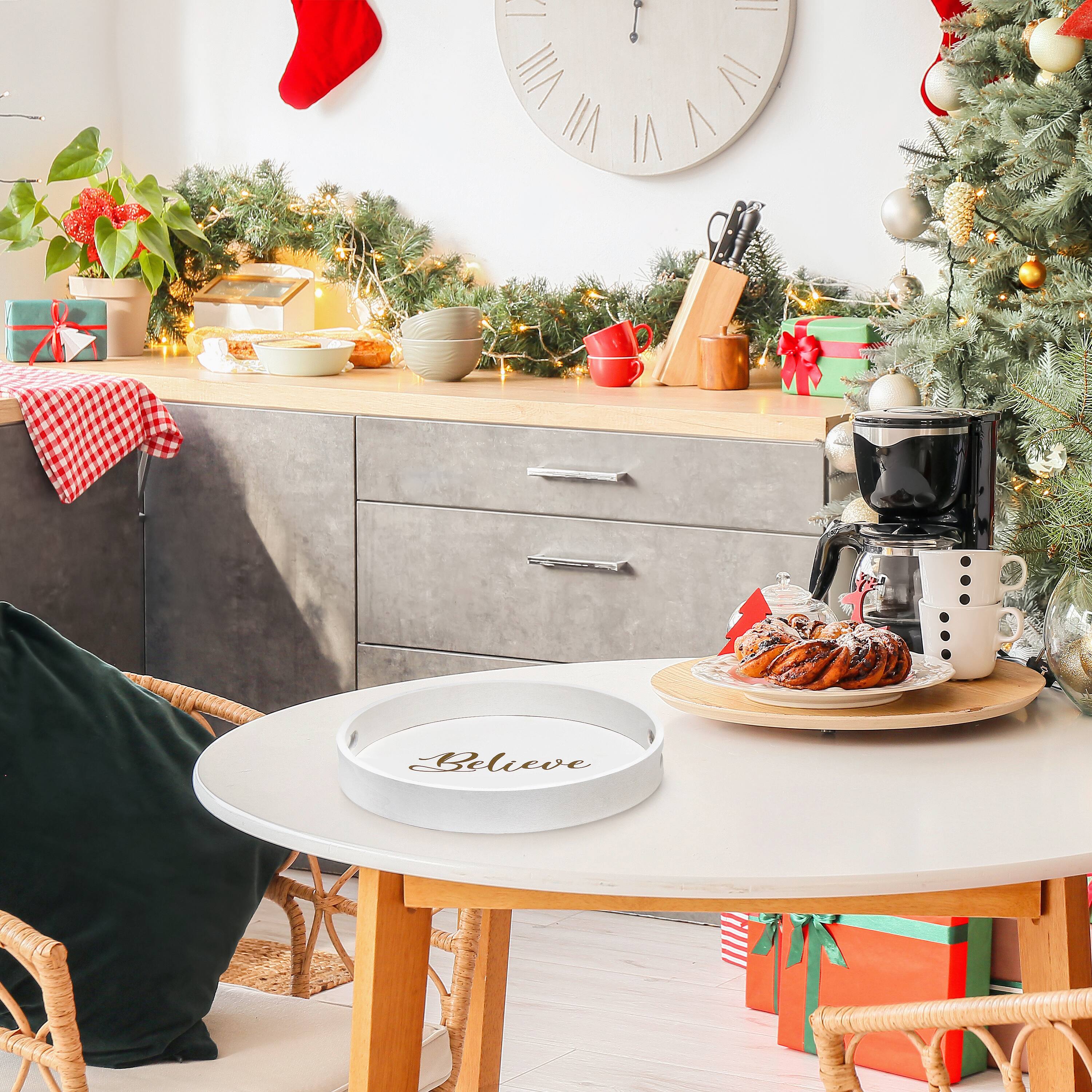 Elegant Designs™ 13.8" Round White Wash Believe Serving Tray with Handles