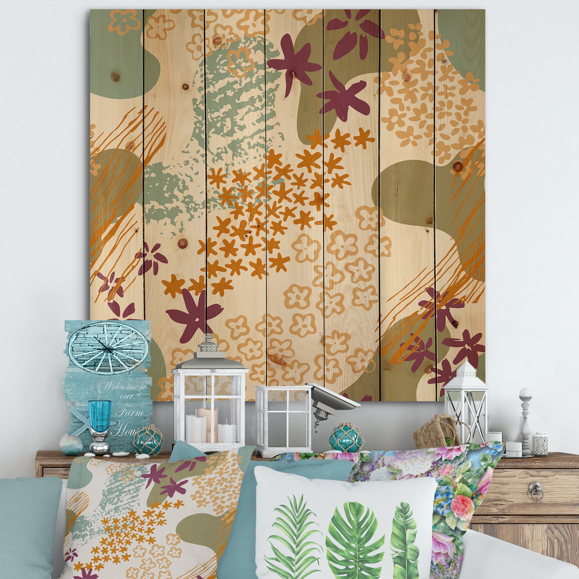 Designart - Flowers Silhouettes and Fluid Shapes - Modern Print on Natural Pine Wood