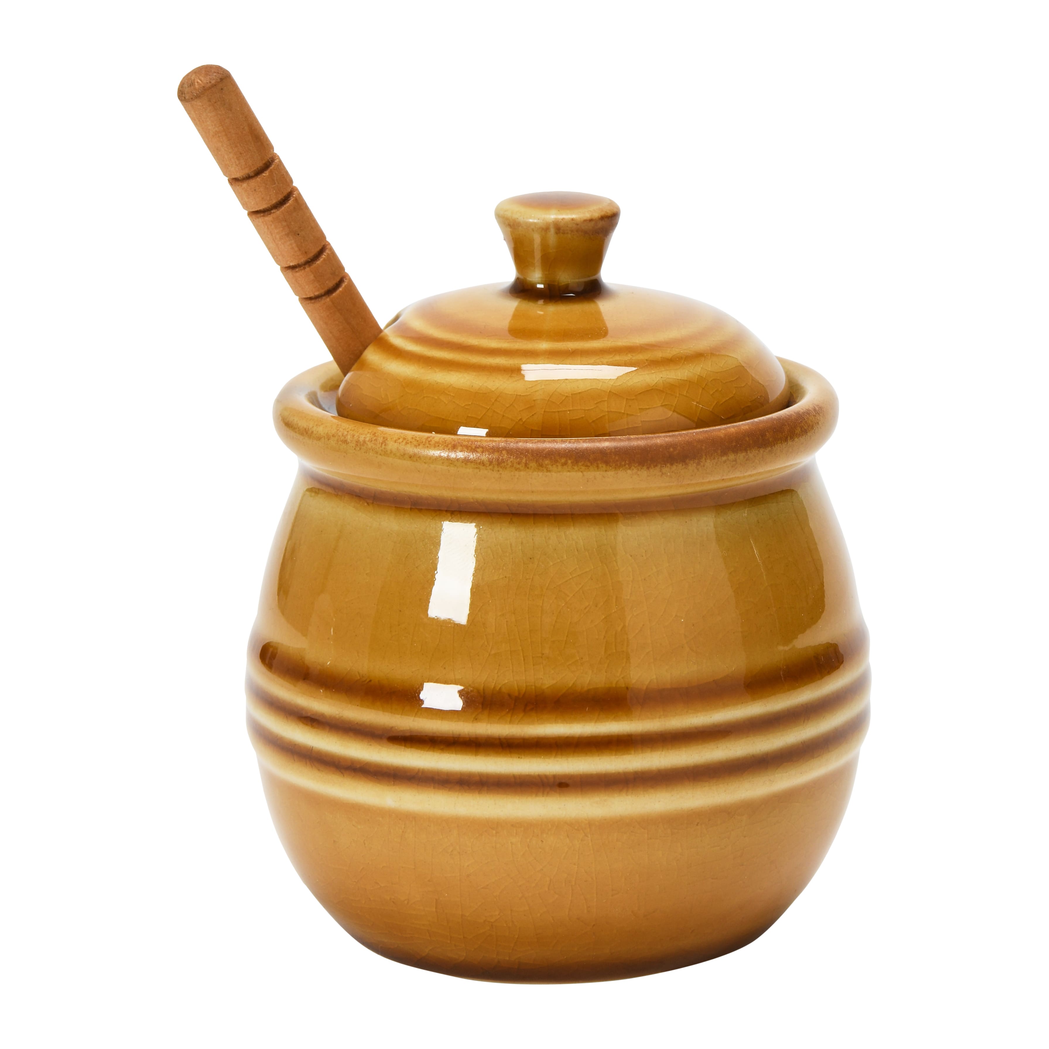 Hello Honey&#xAE; 4.3&#x22; Amber Orange Farmhouse Embossed Stoneware Honey Pot with Wood Honey Dipper