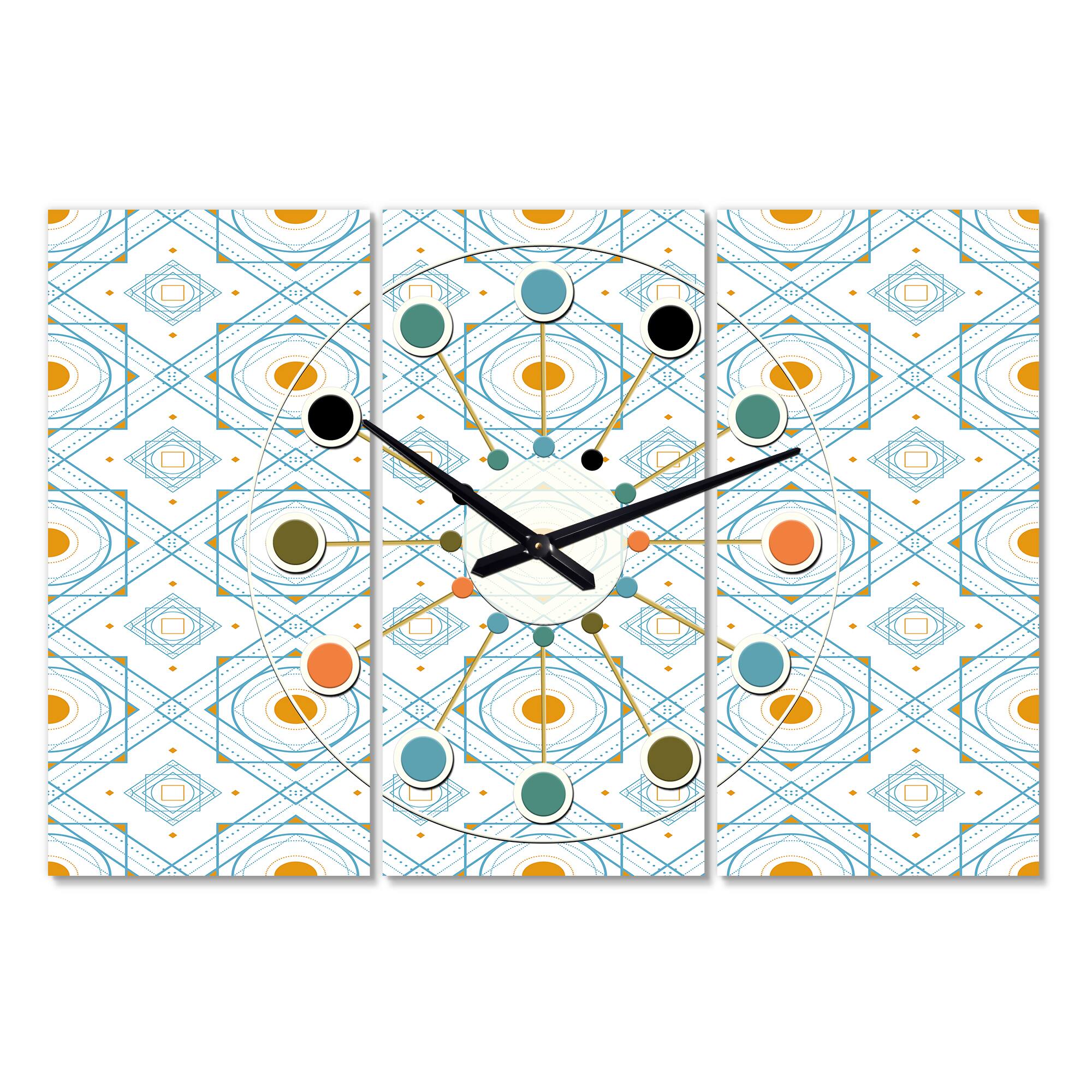 Designart &#x27;Retro Minimal Patttern In Orange And Bluye Oversized Mid-Century Modern Multipanel Wall Clock