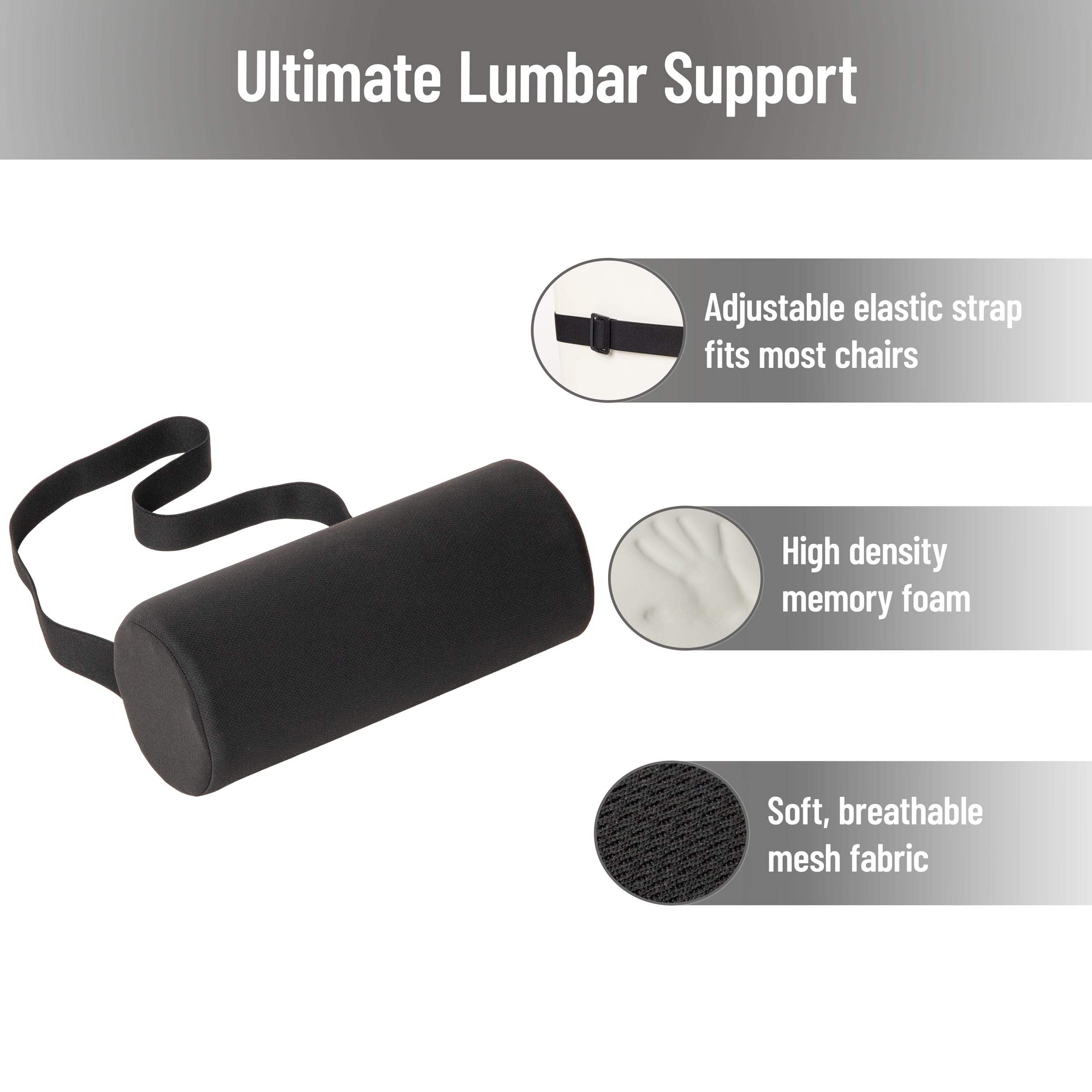 Mind Reader Lumbar Roll Pillow with Air-Cloud Memory Foam, Back, Waist & Hip Support, Breathable Cover & Adjustable Strap, Black