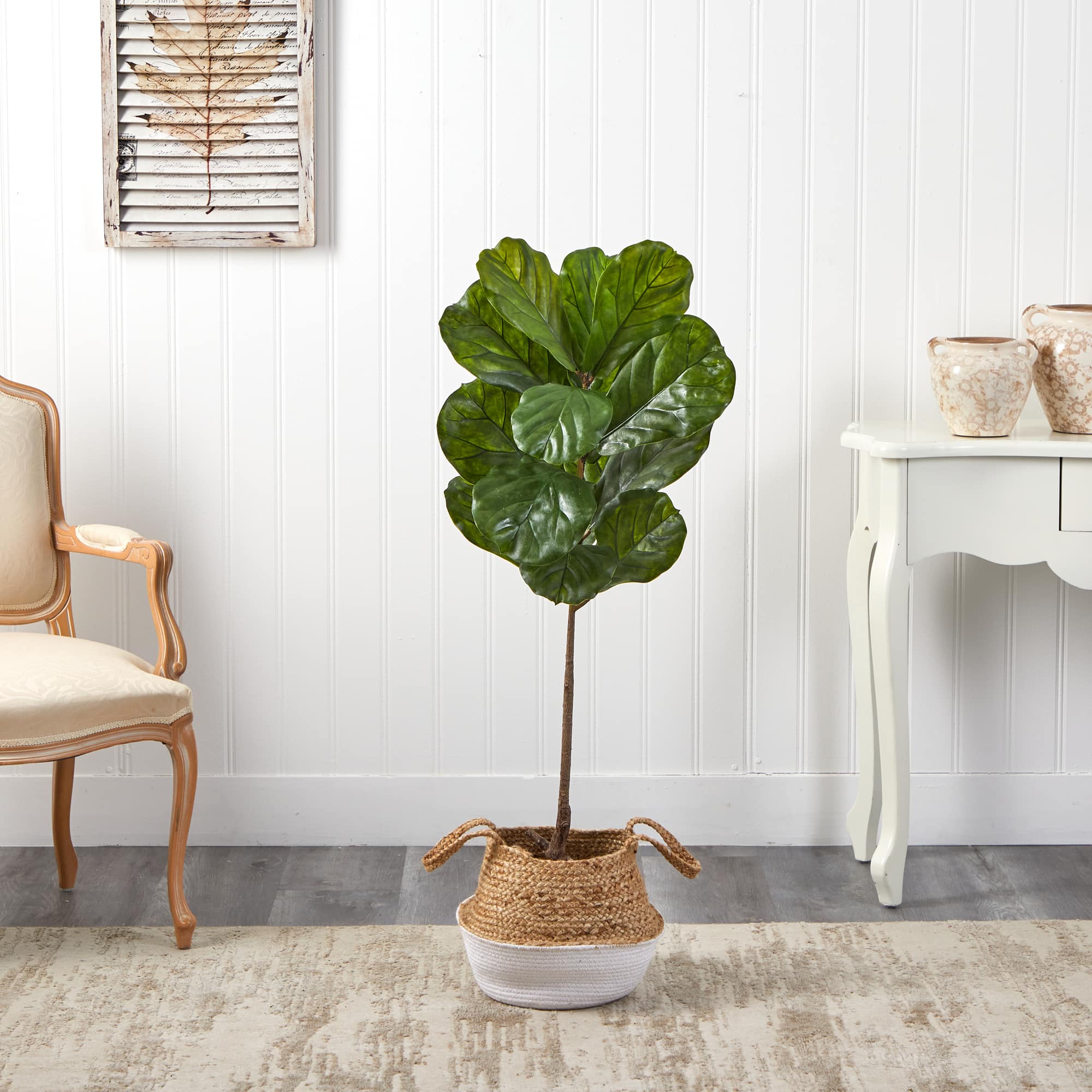4ft. Fiddle Leaf Artificial Tree in Boho Chic Handmade Cotton & Jute White Woven Planter UV Resistant (Indoor/Outdoor)
